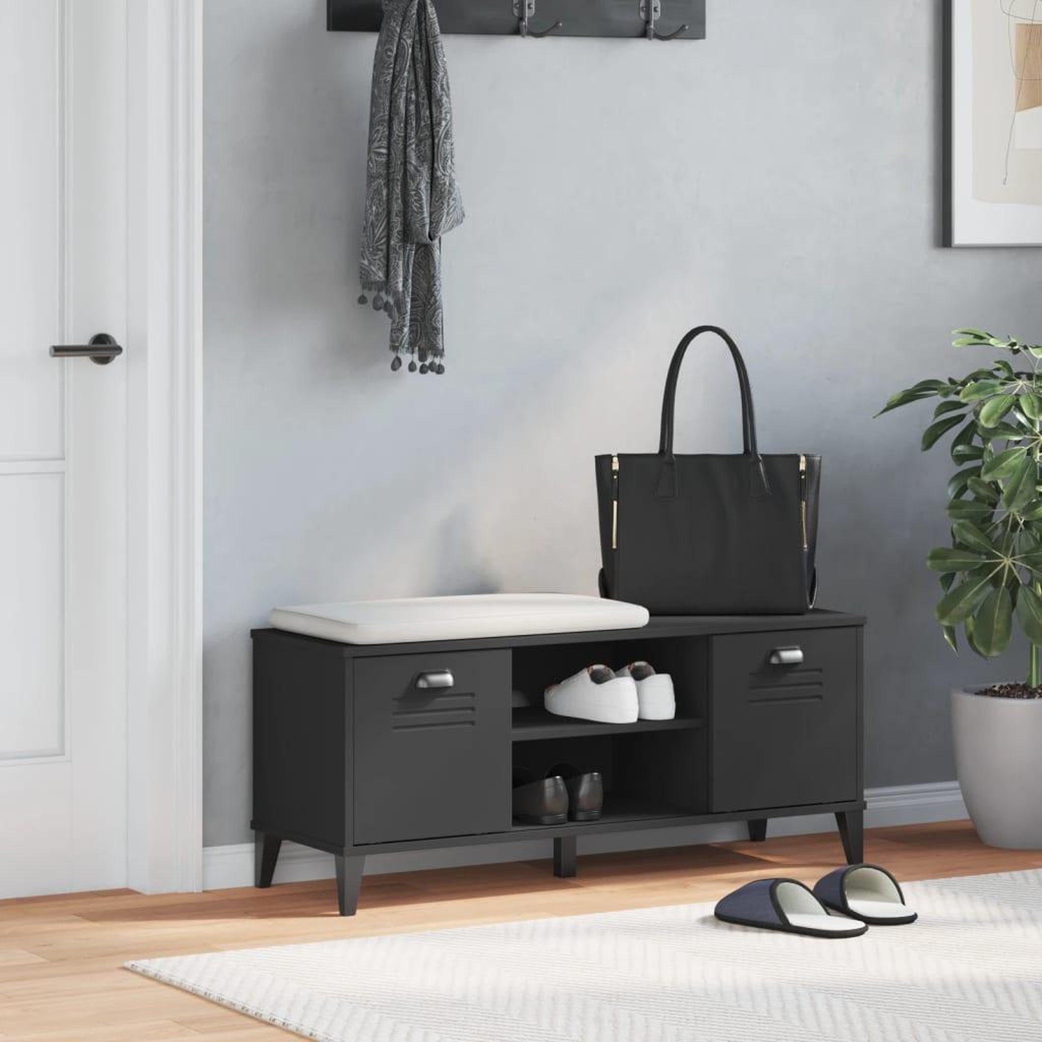 Voir la diapositive 3 : VIDAXL Banc a chaussures VIKEN noir 106x35x45 cm bois massif de pin