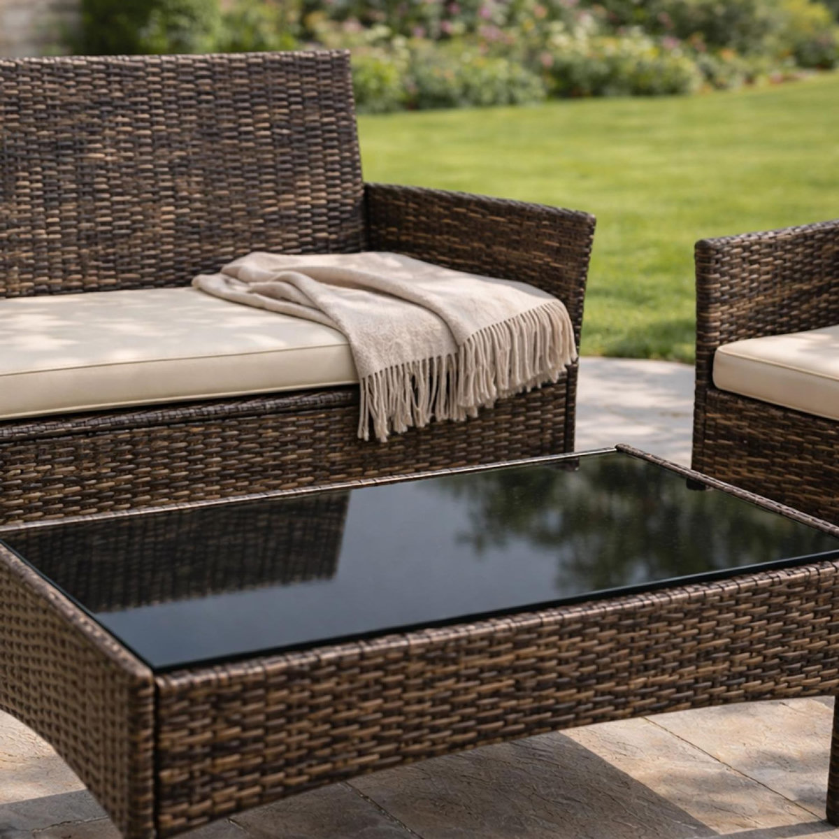 CONCEPT USINE Ensemble de jardin 4 places en résine tressée marron et coussins beige LOOS