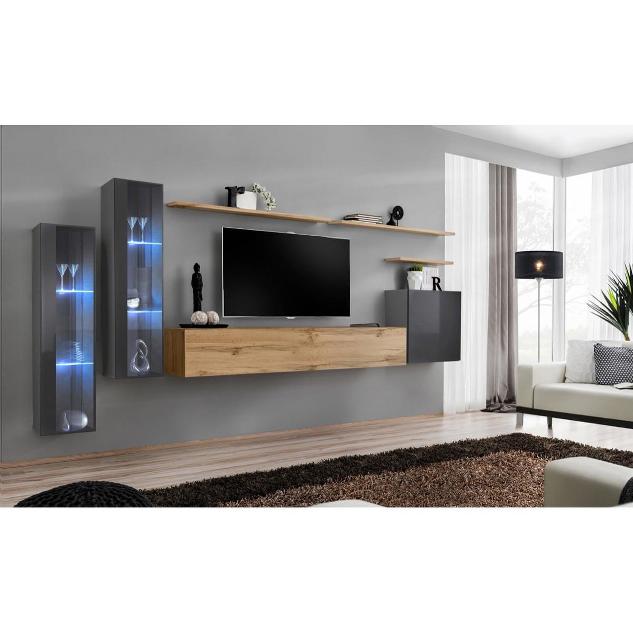 Voir la diapositive 2 : Paris Prix Meuble tv mural design  switch xi  330cm gris & naturel