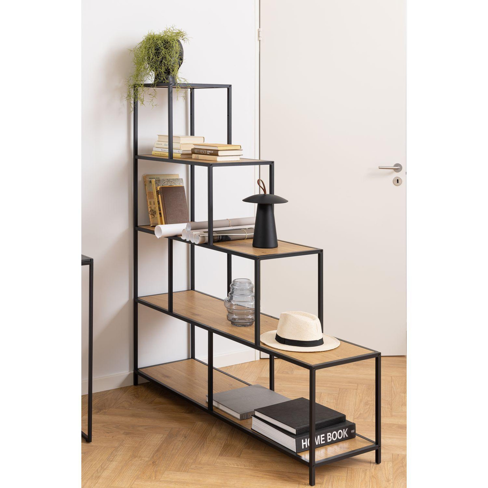 Voir la diapositive 2 : TOILINUX Bibliothèque escalier sur 4 niveaux en Métal et Mélamine - H.135 cm - Noir et Beige