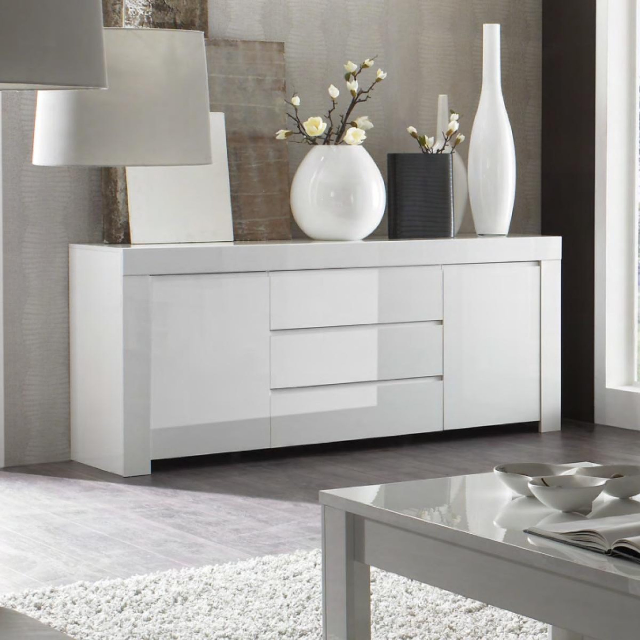 Voir la diapositive 2 : JLC KREATION Buffet design laqué blanc 2 portes-3 tiroirs 190cm APHODITE