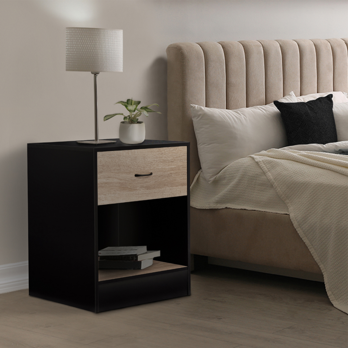 ID MARKET Lot de 2 tables de chevet OLGA 1 tiroir avec niche bois noir et tiroir façon hêtre