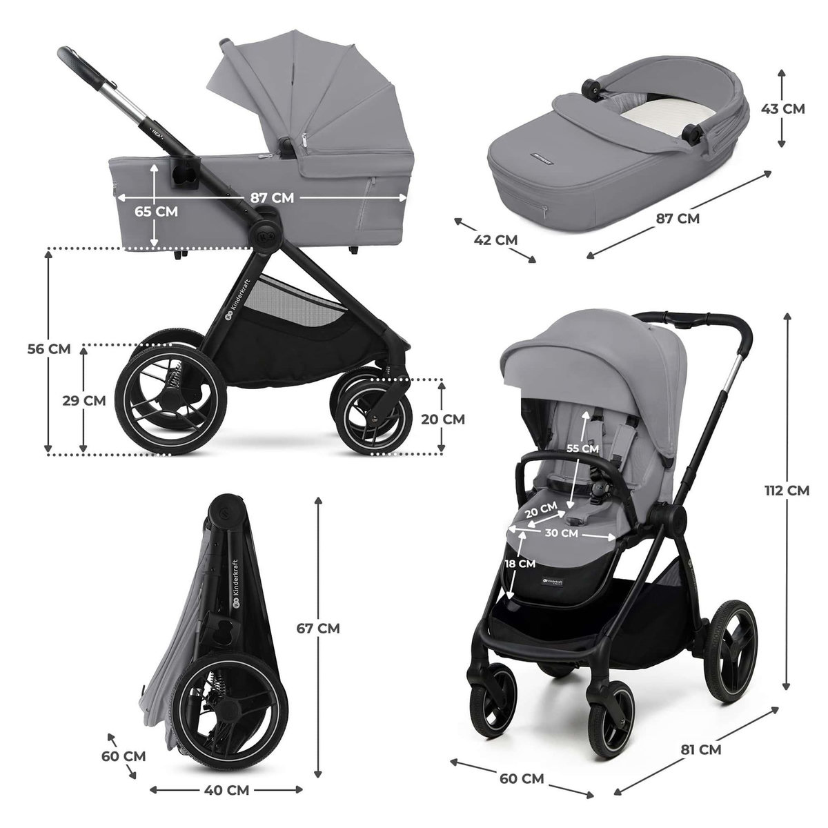 KINDERKRAFT Poussette combinée polyvalente 2 en 1 avec siège réversible à 27 kg