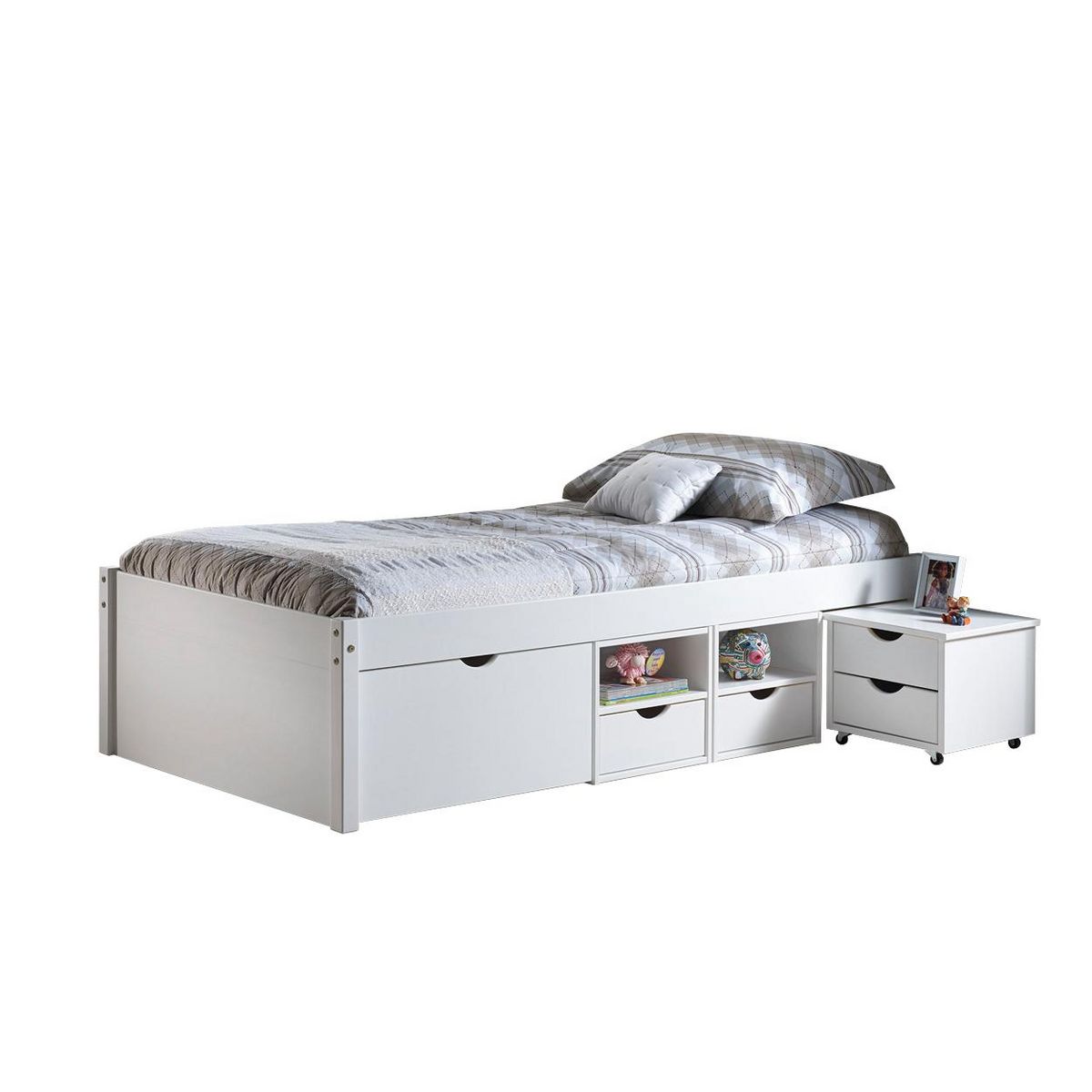 Lit 1 place en pin massif  avec rangement et sommier  90x200 cm SLEEP