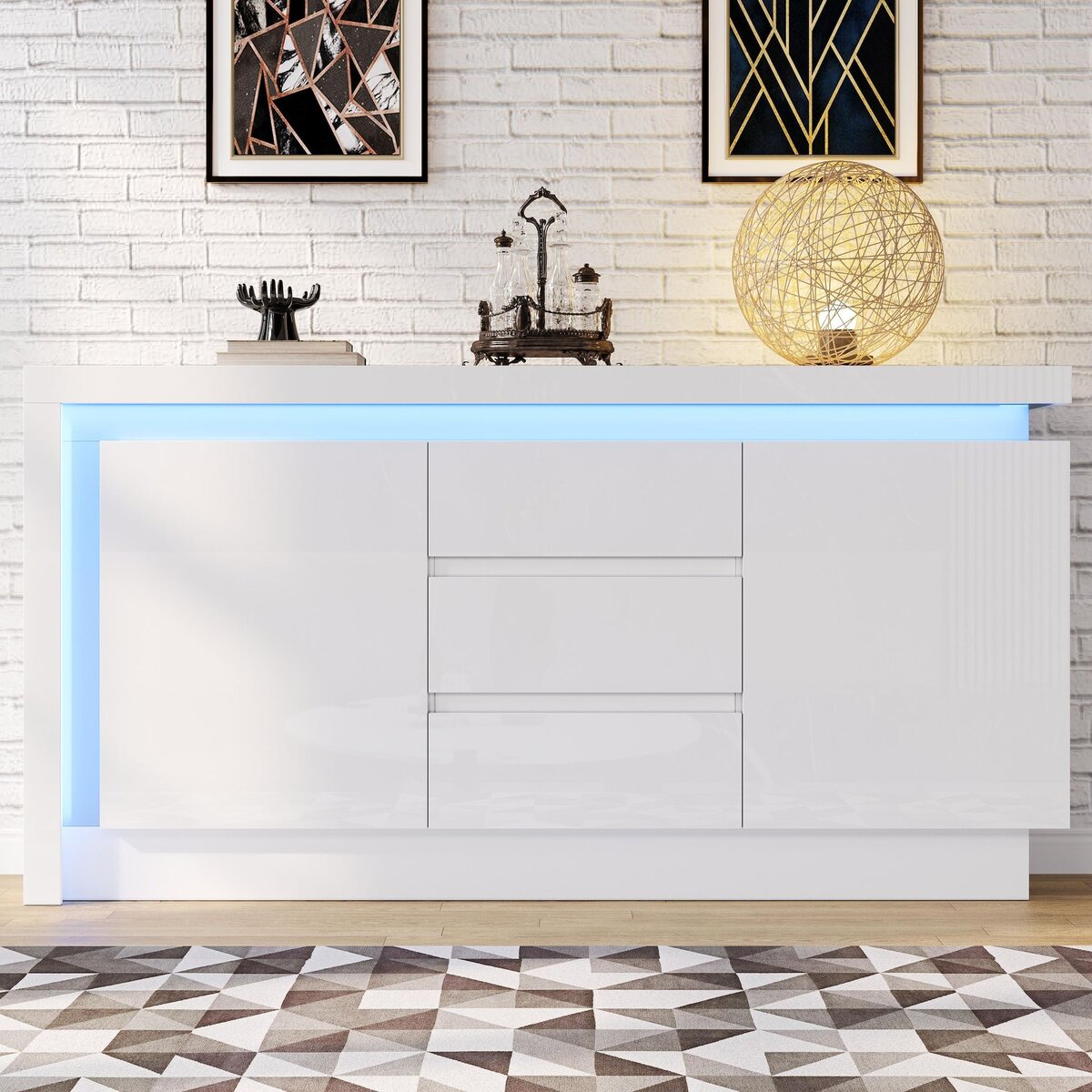 MERAX Buffet 2 porte(s) 3 tiroir(s) - 140 cm blanc led panneau de particules