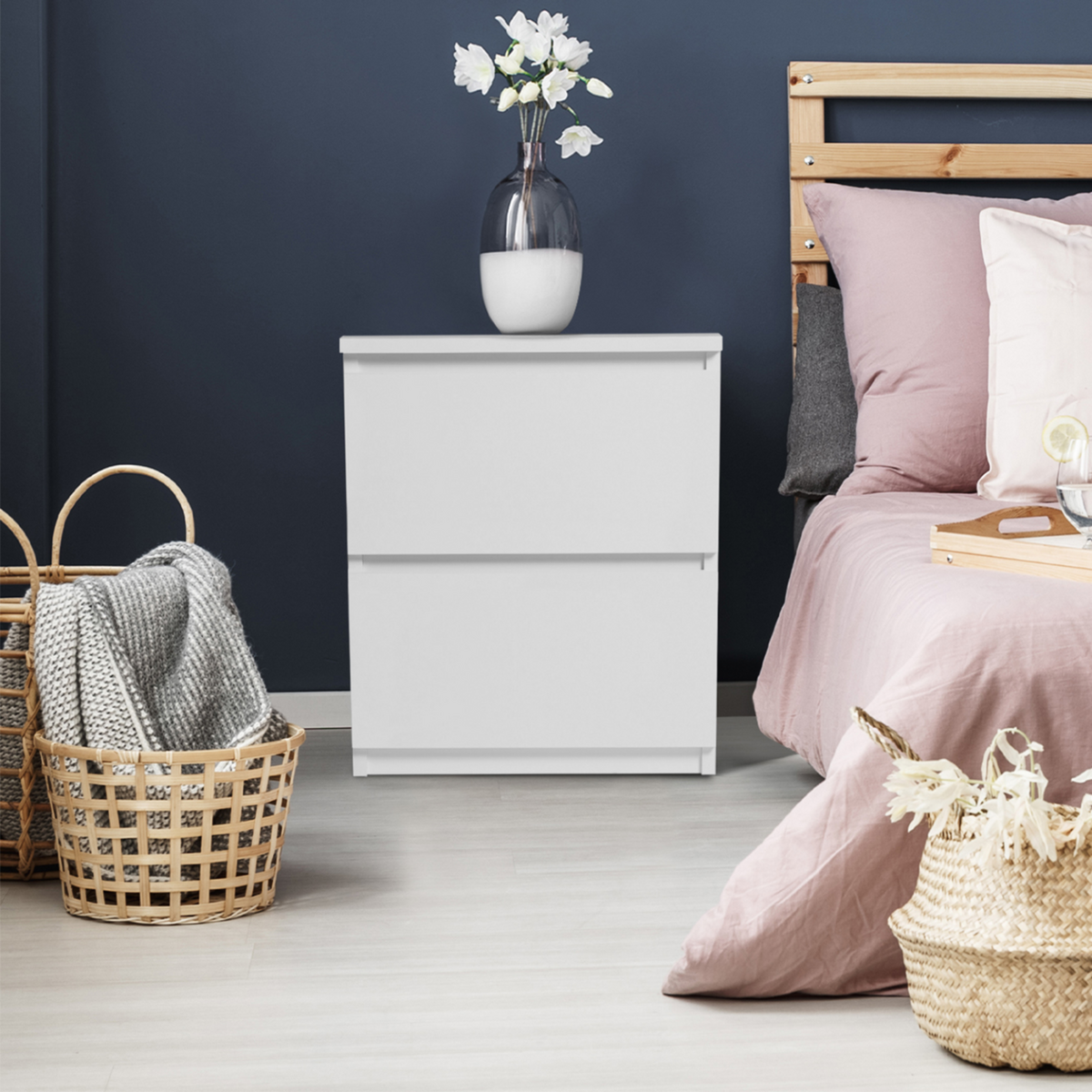ID MARKET Lot de 2 tables de chevet TOMI 2 tiroirs bois blanc