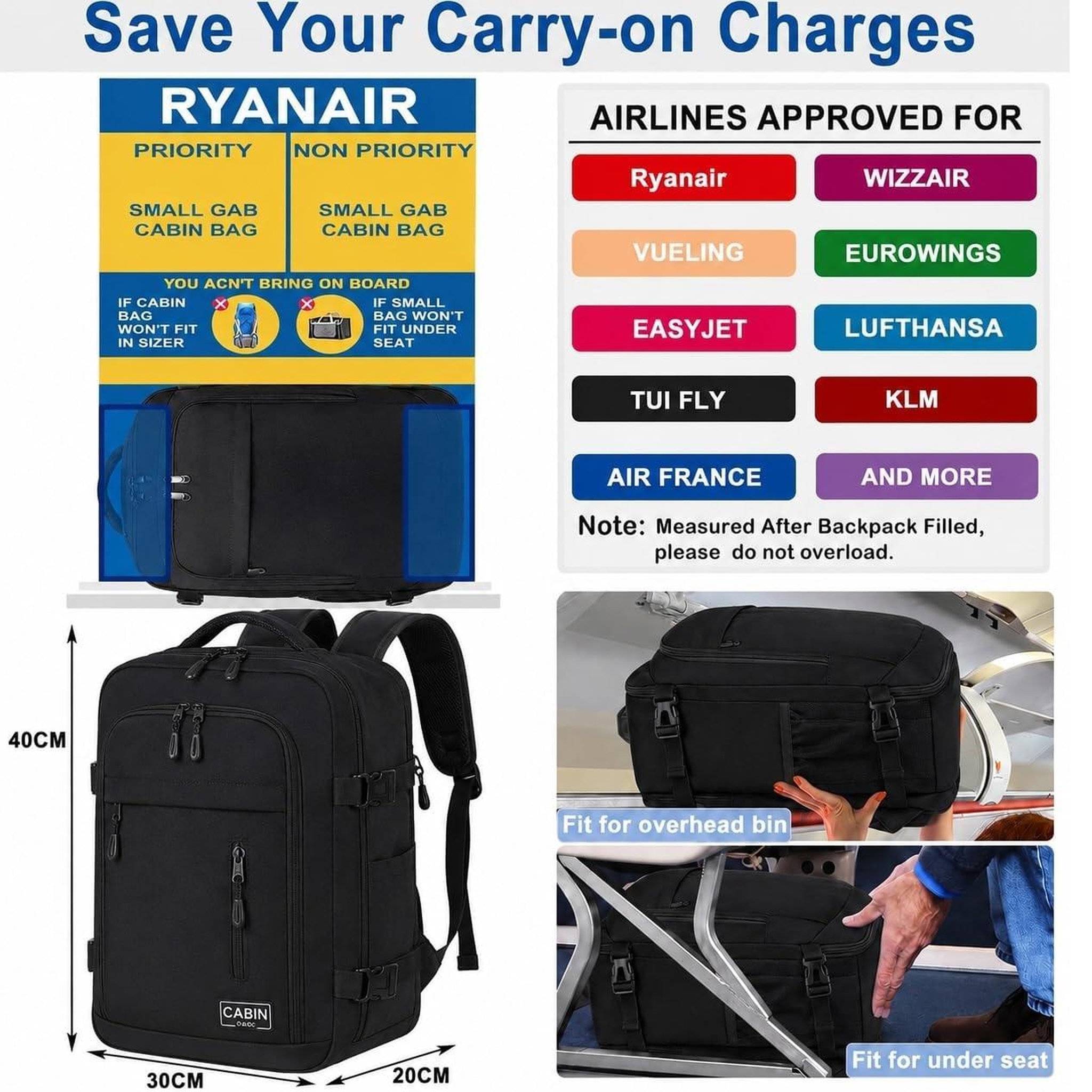 Voir la diapositive 4 : TROLLEY ADC Sac à dos cabine noir 40x30x20 avec kit de compression inclus - bry-black