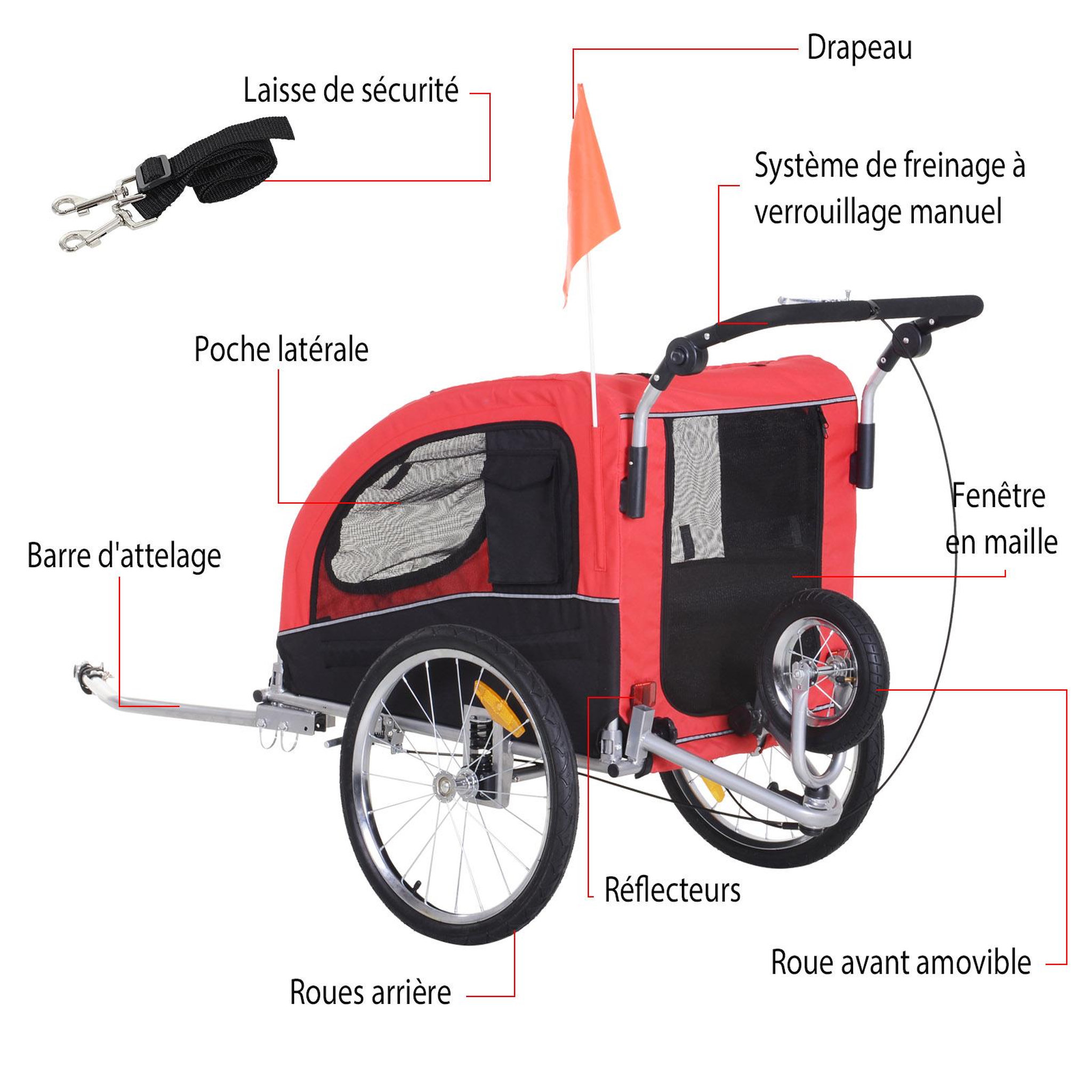 Voir la diapositive 6 : HOMCOM Remorque vélo jogger 2 en 1 pour animaux drapeau roue avant pivotante réflecteurs et barre d'attelage inclus rouge noir