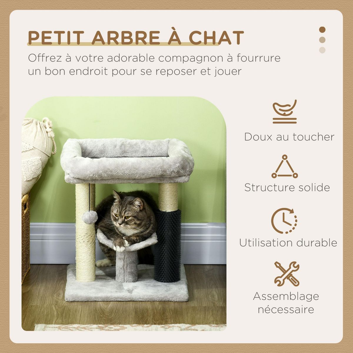 PAWHUT Arbre à chat griffoirs sisal naturel et massant plateforme panier jeu boule suspendue peluche gris