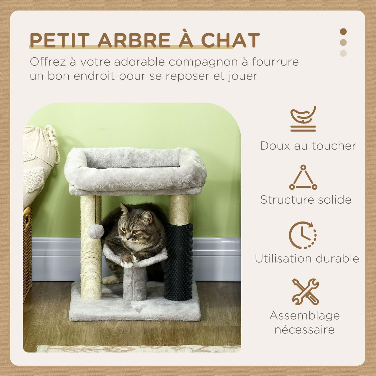 PAWHUT Arbre à chat griffoirs sisal naturel et massant plateforme panier jeu boule suspendue peluche gris