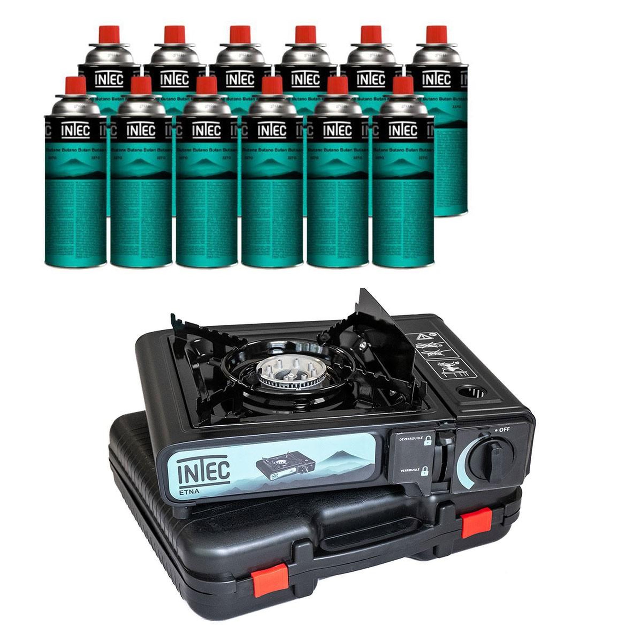 INTEC Réchaud gaz portable 2200w + 12 cartouches gaz butane camping road trips piezo mallette etna intec