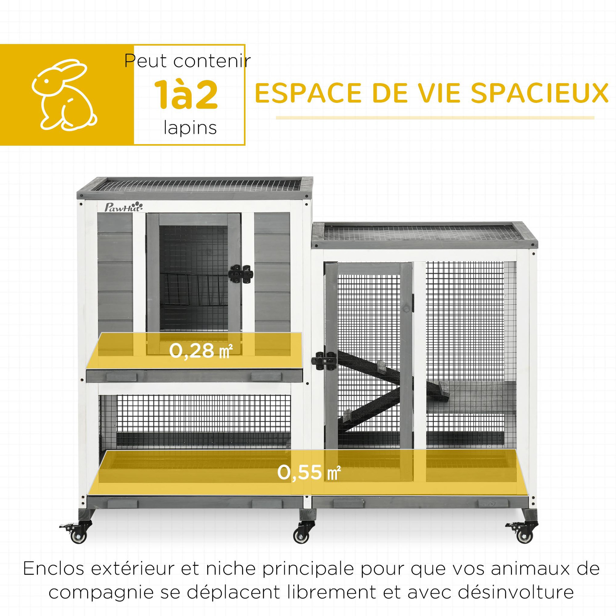 Voir la diapositive 4 : PAWHUT Clapier à lapin sur roulettes cage à lapin 3 niveaux 2 portes verrouillables 3 plateaux coulissants rampes bois sapin acier gris blanc