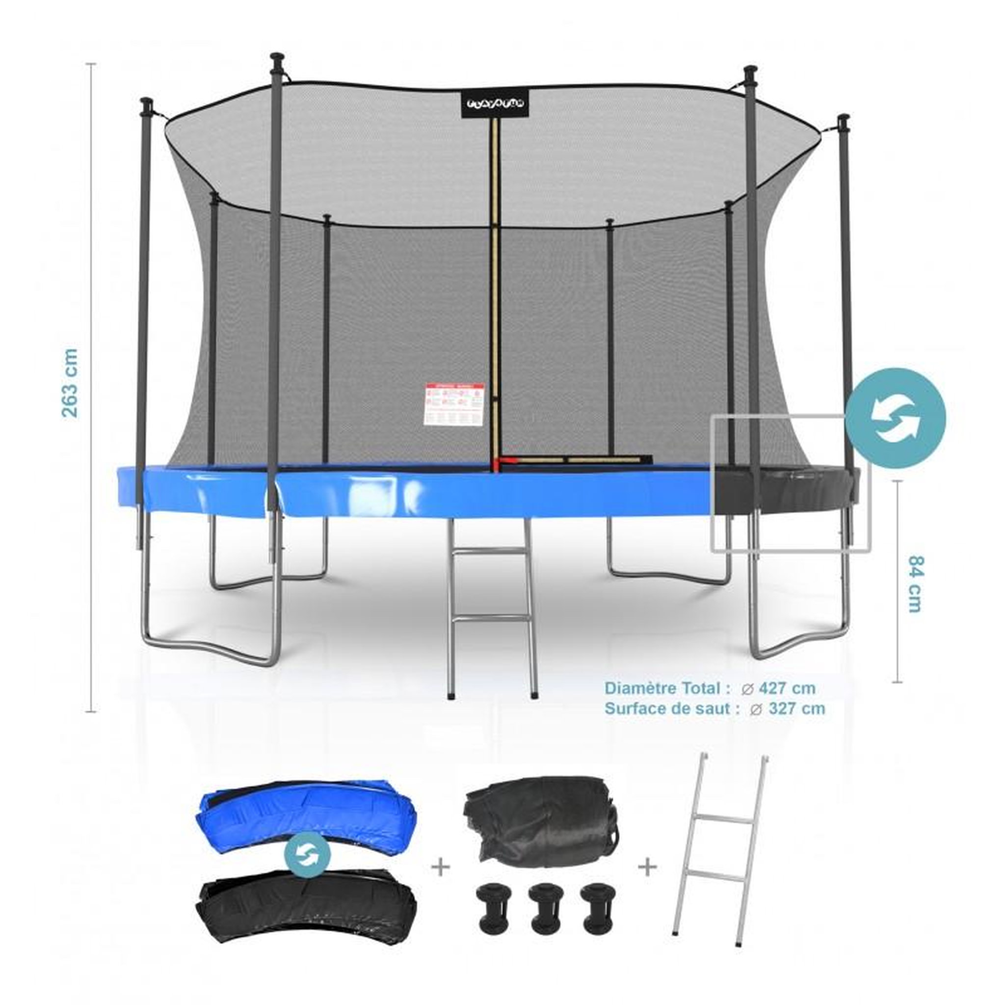PLAY4FUN Trampoline de Jardin Classique 14FT ø427cm Pack trampo avec Matelas Réversible Bleu/Noir, Echelle, Filet de sécurité