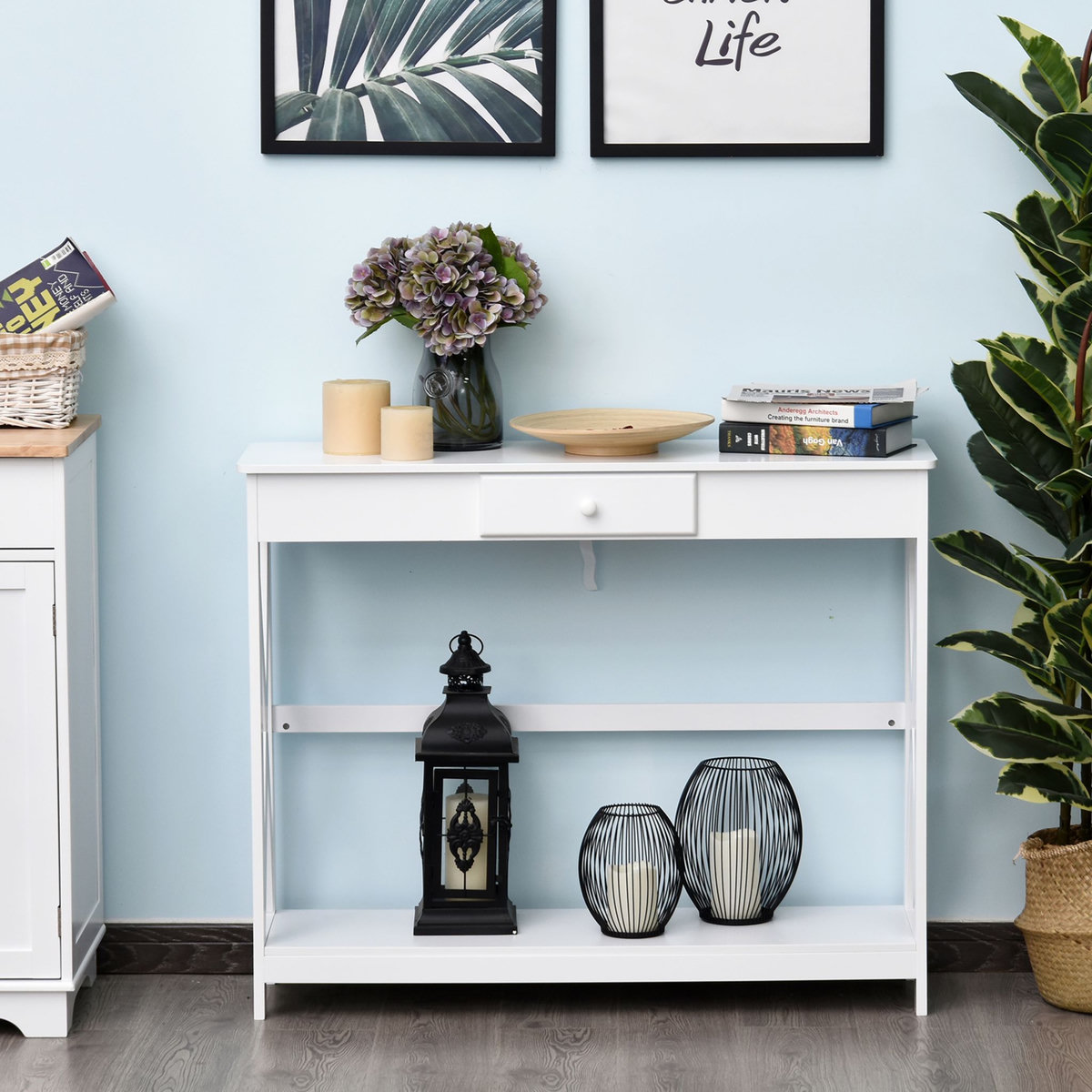 HOMCOM Console style table de drapier néo-rétro tiroir + étagère dim. 100L x 30l x 81H cm MDF blanc