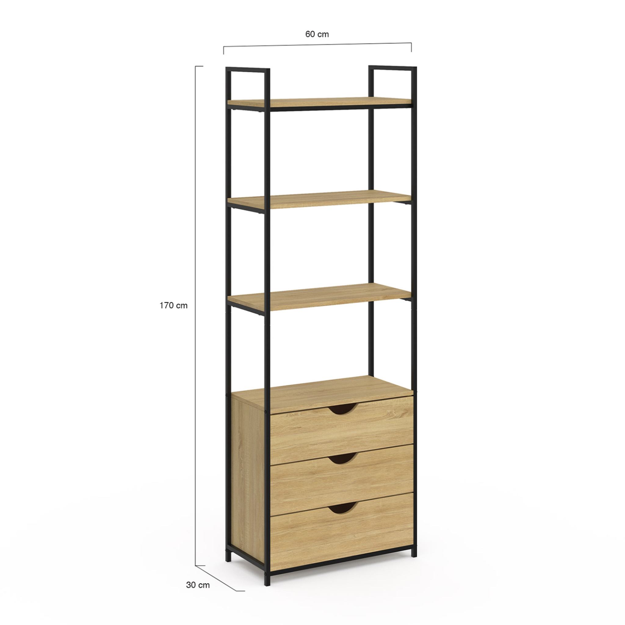 Voir la diapositive 5 : ID MARKET Etagère bibliothèque 4 niveaux avec 3 tiroirs DETROIT design industriel 170 cm