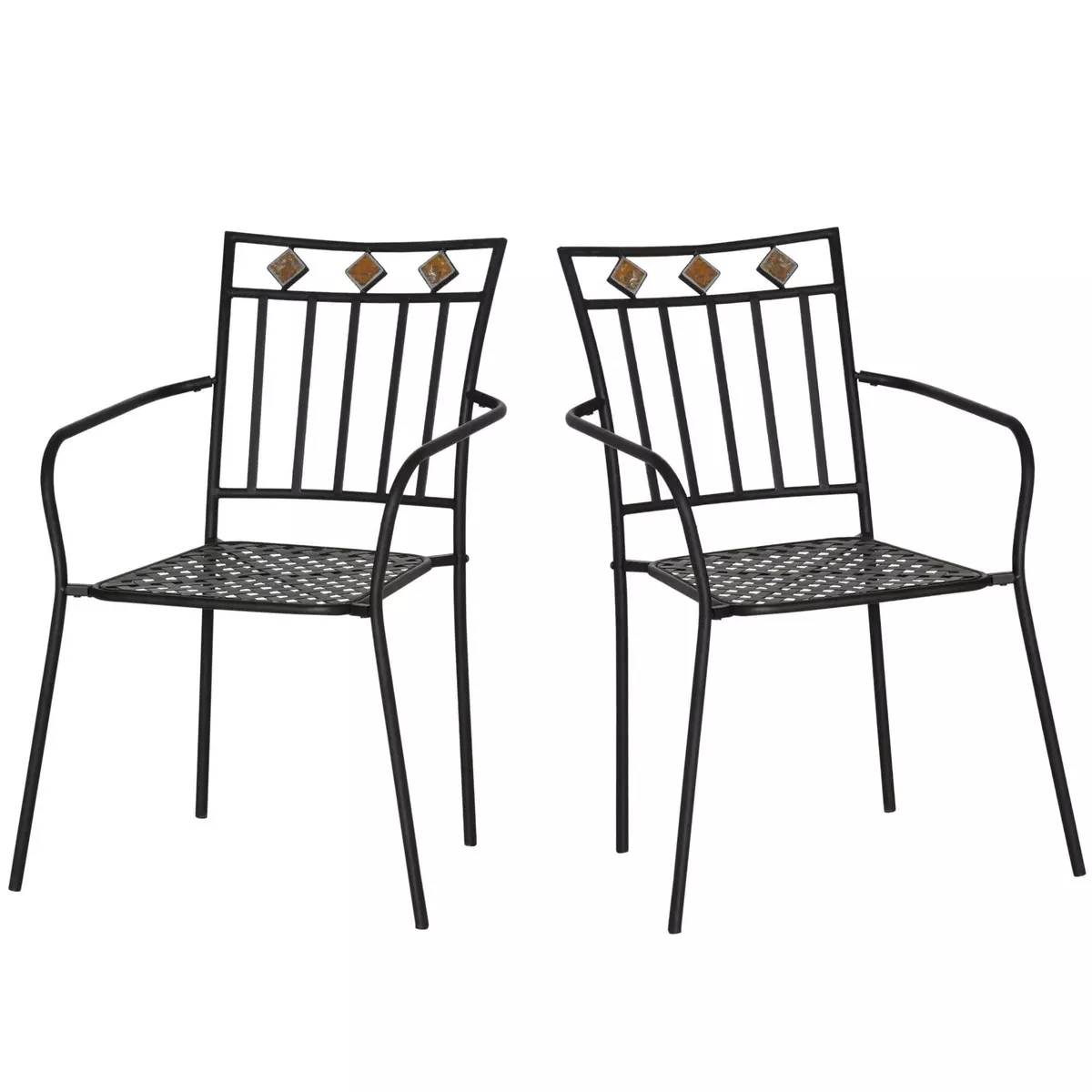 OUTSUNNY Lot de 2 chaises de jardin métal époxy style fer forgé avec mosaïque - accoudoirs - noir