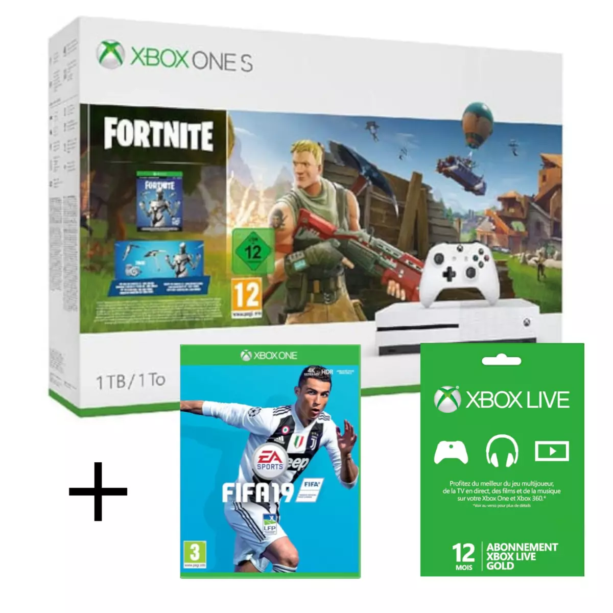 Console Xbox One S Fortnite + FIFA 19 + Abonnement Live 1 an
