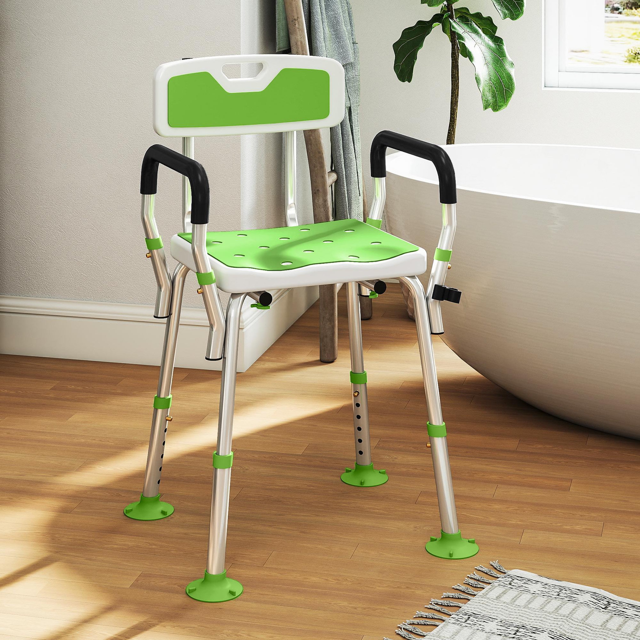 Voir la diapositive 2 : HOMCOM Chaise de douche siège de douche ergonomique hauteur réglable pieds antidérapants charge max. 136 kg alu hdpe blanc vert
