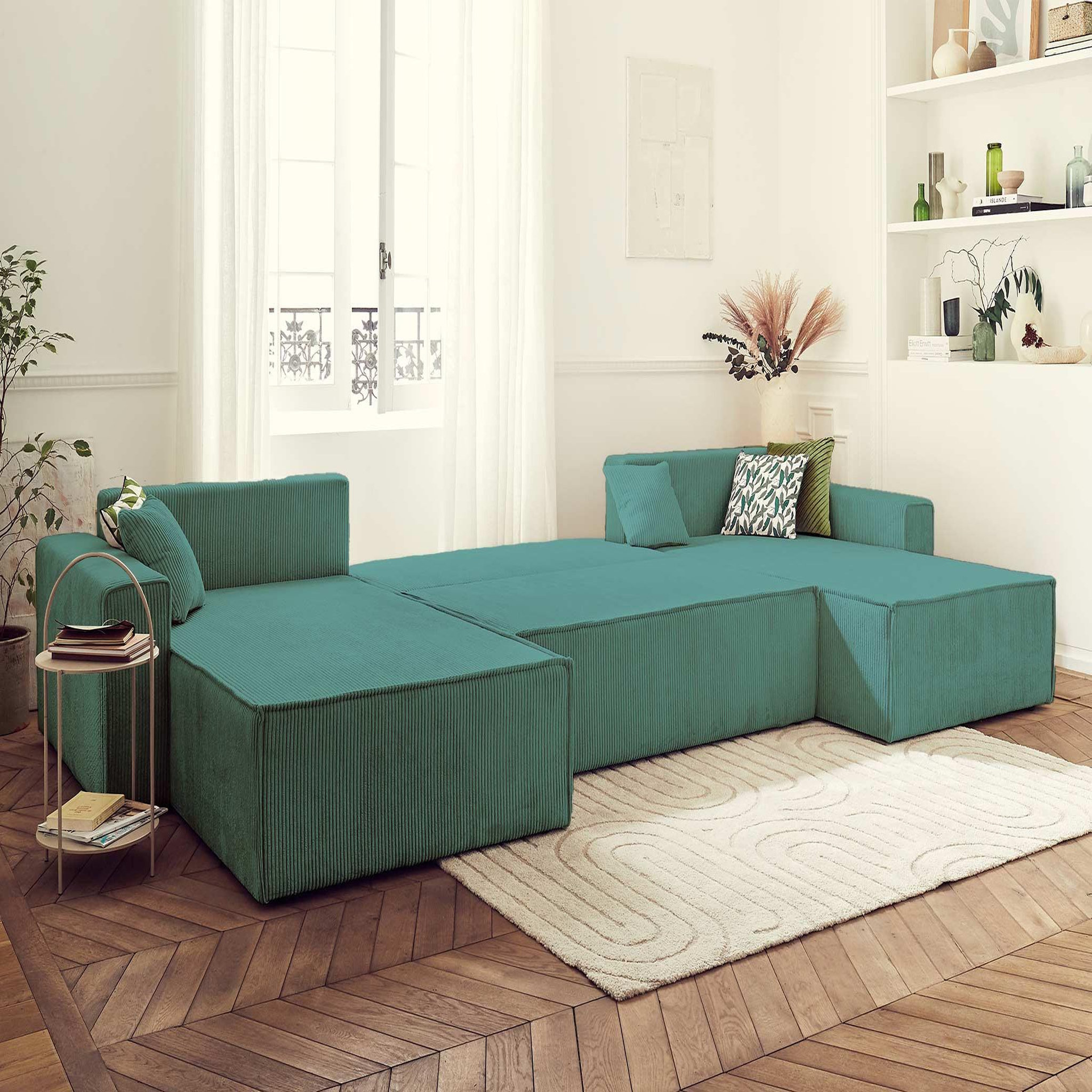 Voir la diapositive 2 : BEST MOBILIER Dellia - canapé panoramique en u - 7 places - convertible - avec coffre - en velours côtelé
