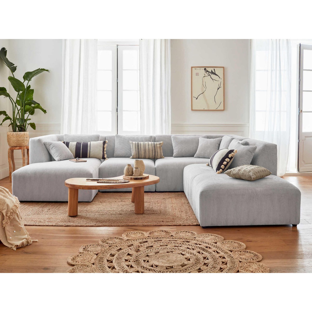 LISA DESIGN Victoire - canapé modulable panoramique d'angle droit - 7 places - en velours côtelé