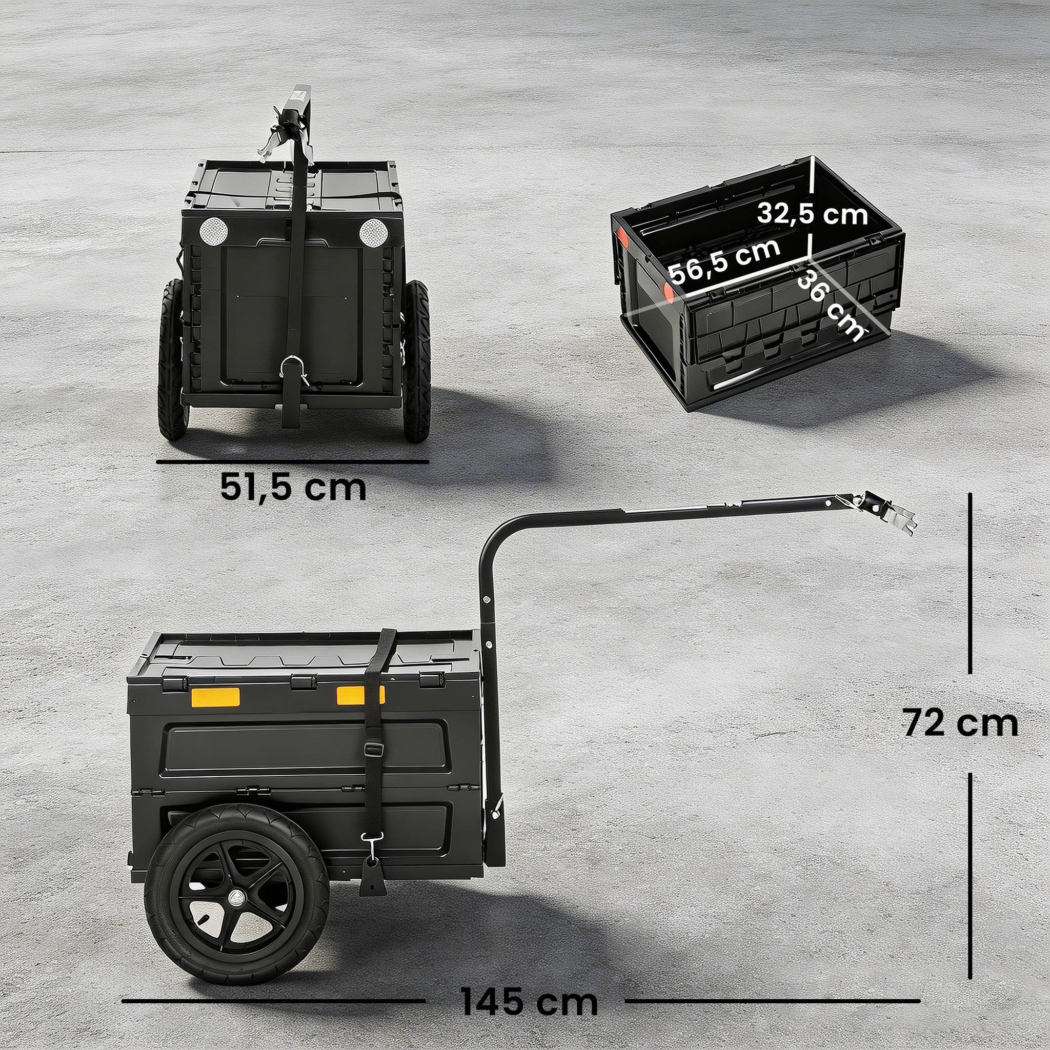 Voir la diapositive 3 : HOMCOM Remorque vélo cargo pliable caisse plastique 65l noir