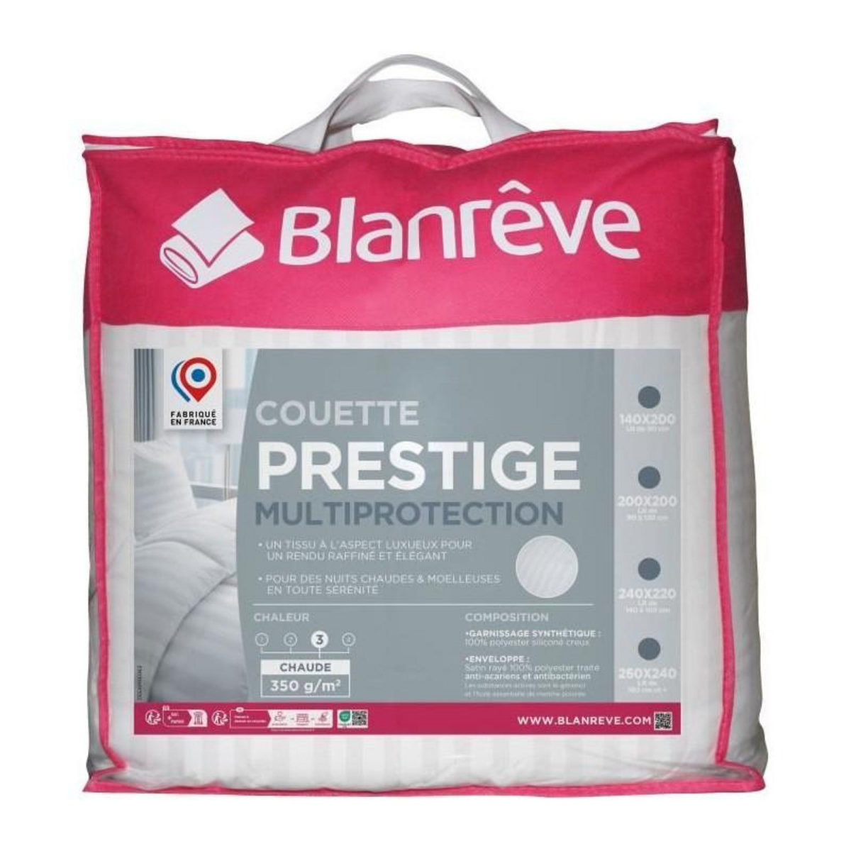 BLANREVE Couette 240x260 cm BLANREVE PRESTIGE Multiprotection - 100% Polyester - 2 Personnes - Satin rayé