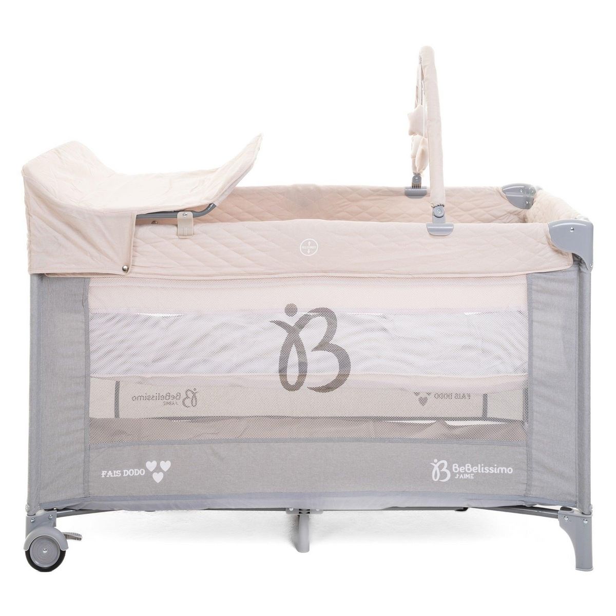 BEBELISSIMO BEBELISSIMO - Lit parapluie bébé - lit pliant - dès la naissance - Fais dodo  - table à langer et jouets - beige/gris