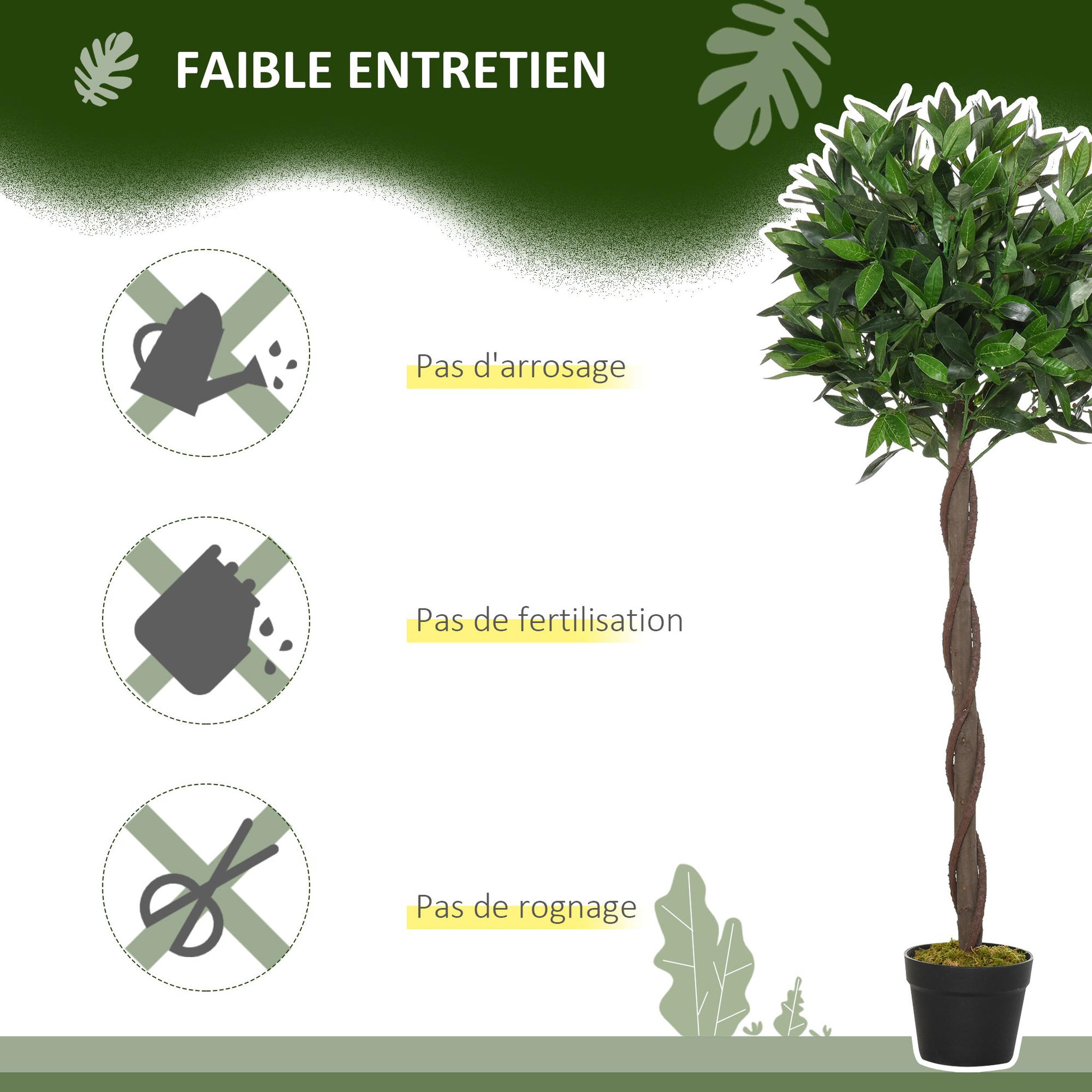 Voir la diapositive 6 : OUTSUNNY Lauriers artificiels topiaires 1,20H m - lot de 2 lauriers boules artificiels - 741 feuilles réalistes par pied - tronc liane - pot inclus noir vert