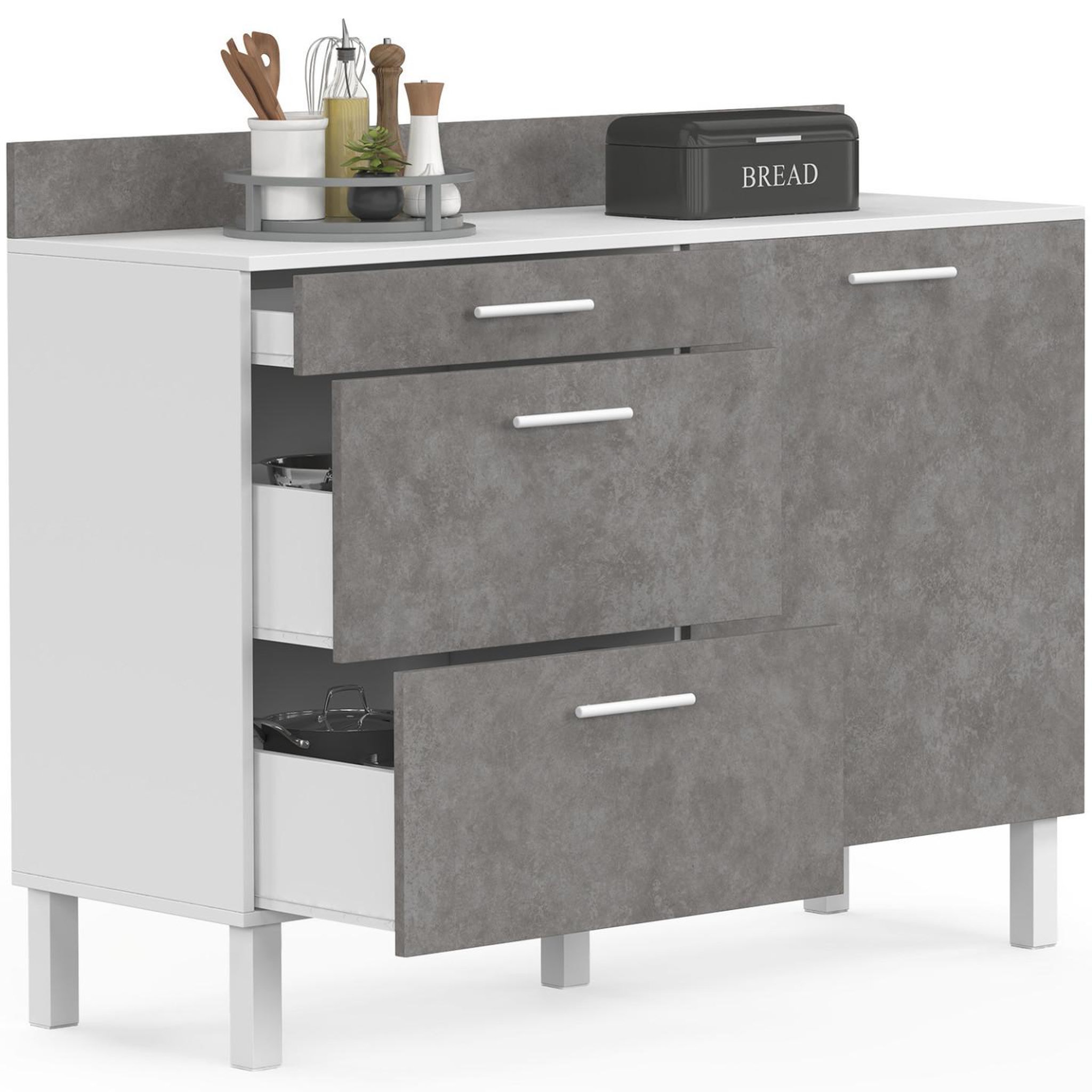 Voir la diapositive 2 : ID MARKET Buffet bas casserolier de cuisine 120 cm cina plan de travail h.83 cm 1 porte + 3 tiroirs blanc et effet béton