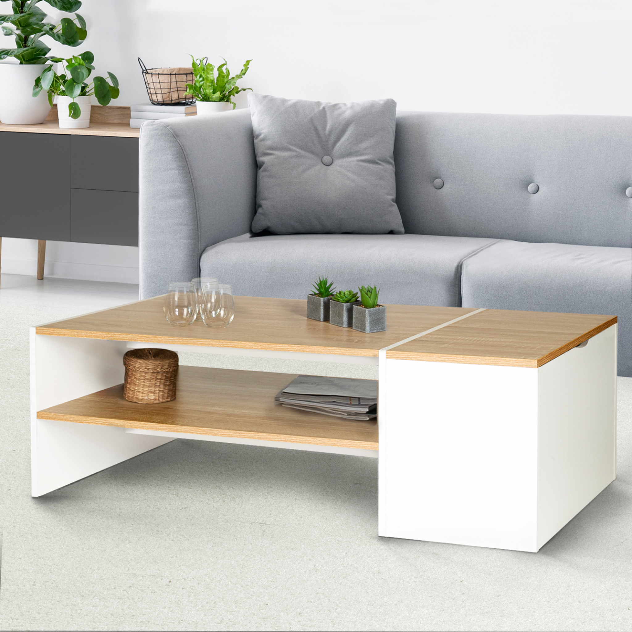 Voir la diapositive 4 : ID MARKET Table basse bar contemporaine rectangulaire izia avec coffre blanc et plateaux bois