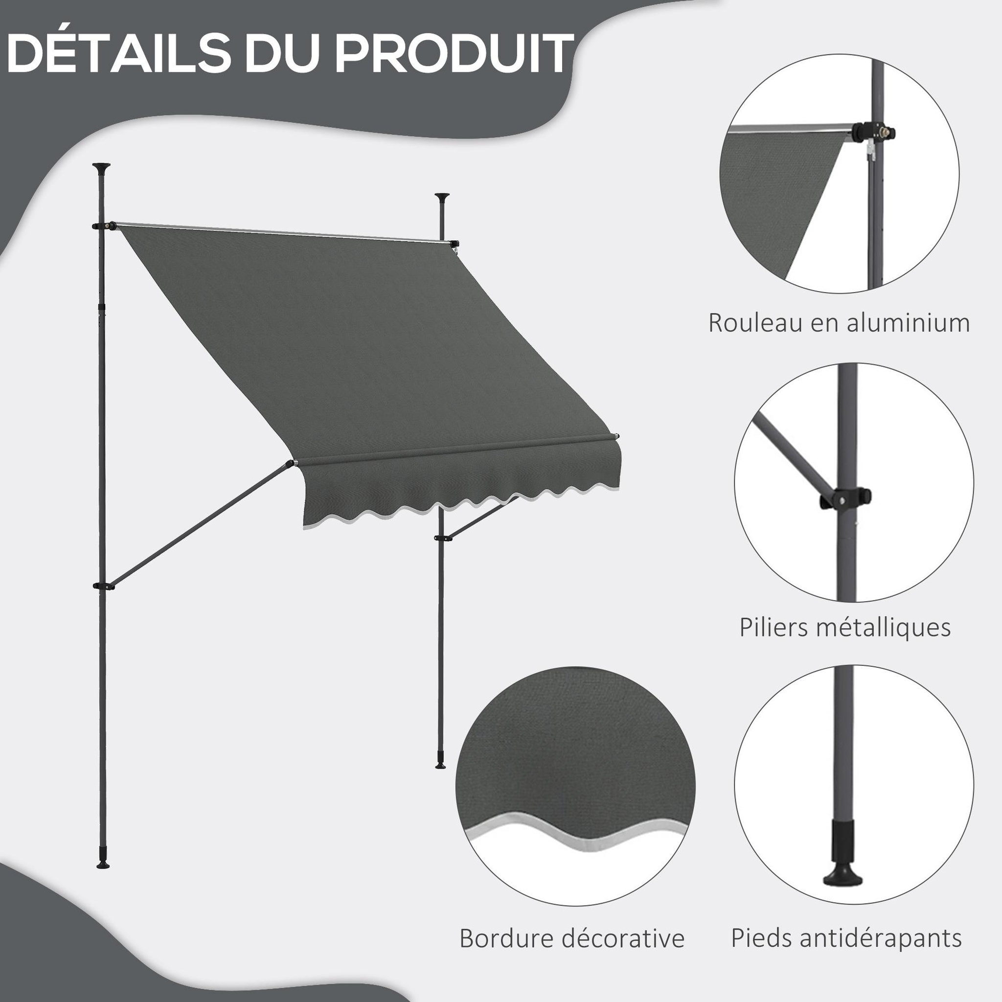 Voir la diapositive 6 : OUTSUNNY Store banne autoportant manuel rétractable 2,5L x 1,2l x 2,1-3H m inclinaison réglable métal alu polyester gris