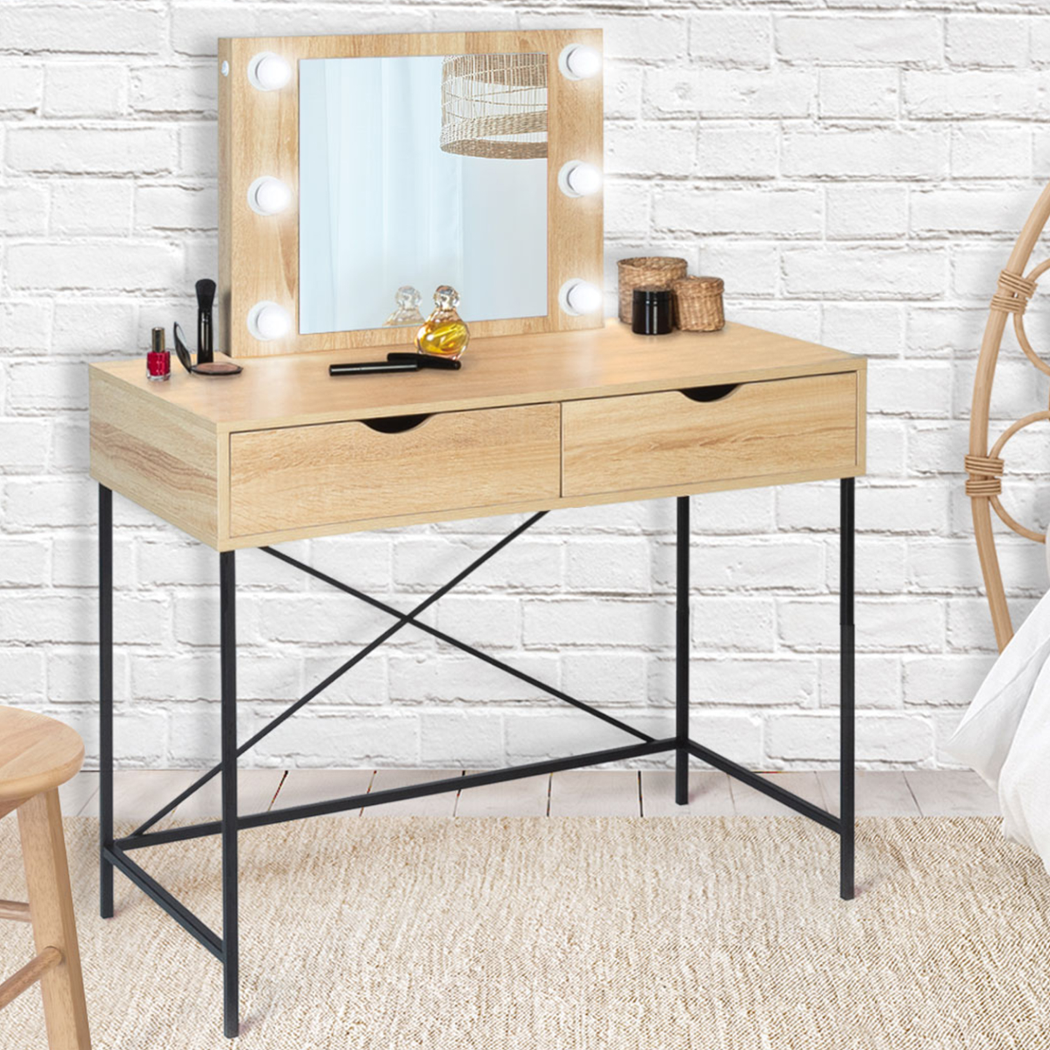 Voir la diapositive 2 : ID MARKET Coiffeuse louisa design industriel avec miroir led