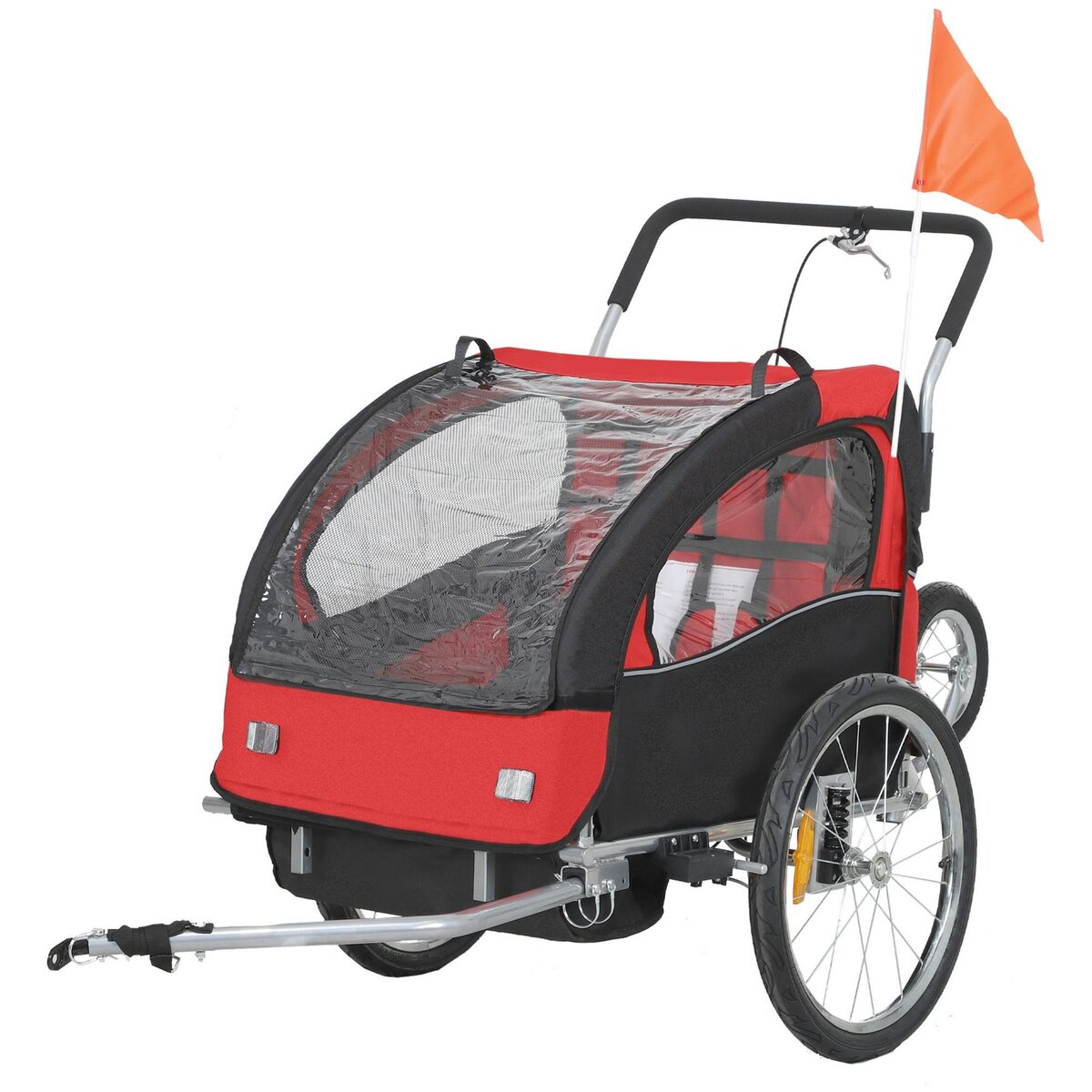 HOMCOM Remorque vélo jogger 2 en 1 enfant drapeau roue avant pivotante réflecteurs barre d'attelage inclus noir rouge