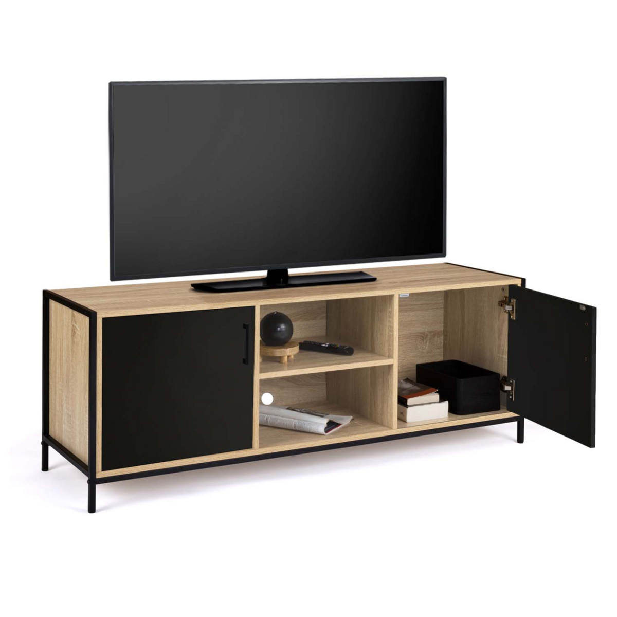 ID MARKET Meuble TV 140 cm BOSTON 2 portes noires design industriel