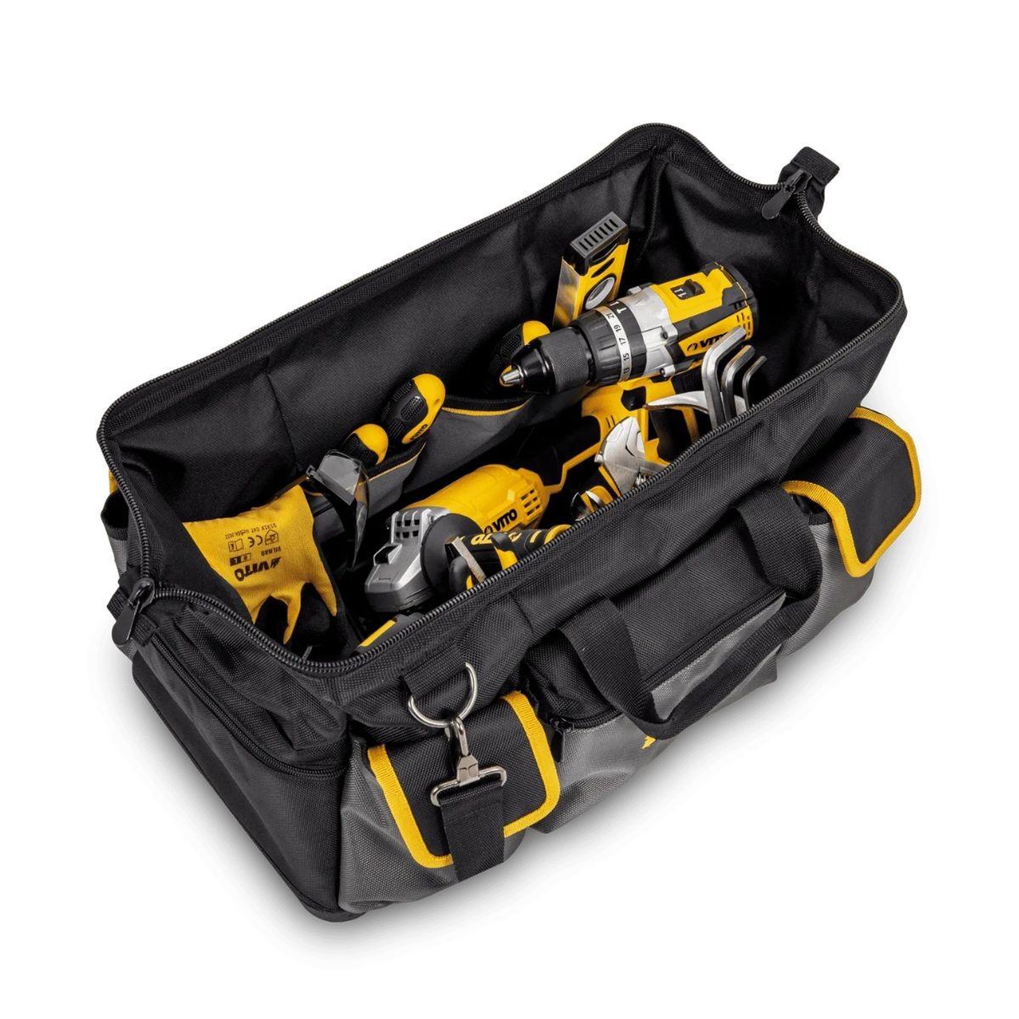 Voir la diapositive 3 : VITO Sac à outils professionnel 35l 8 poches 17 compartiments charge 25kg base rigide fond étanche bandoulière confort vito