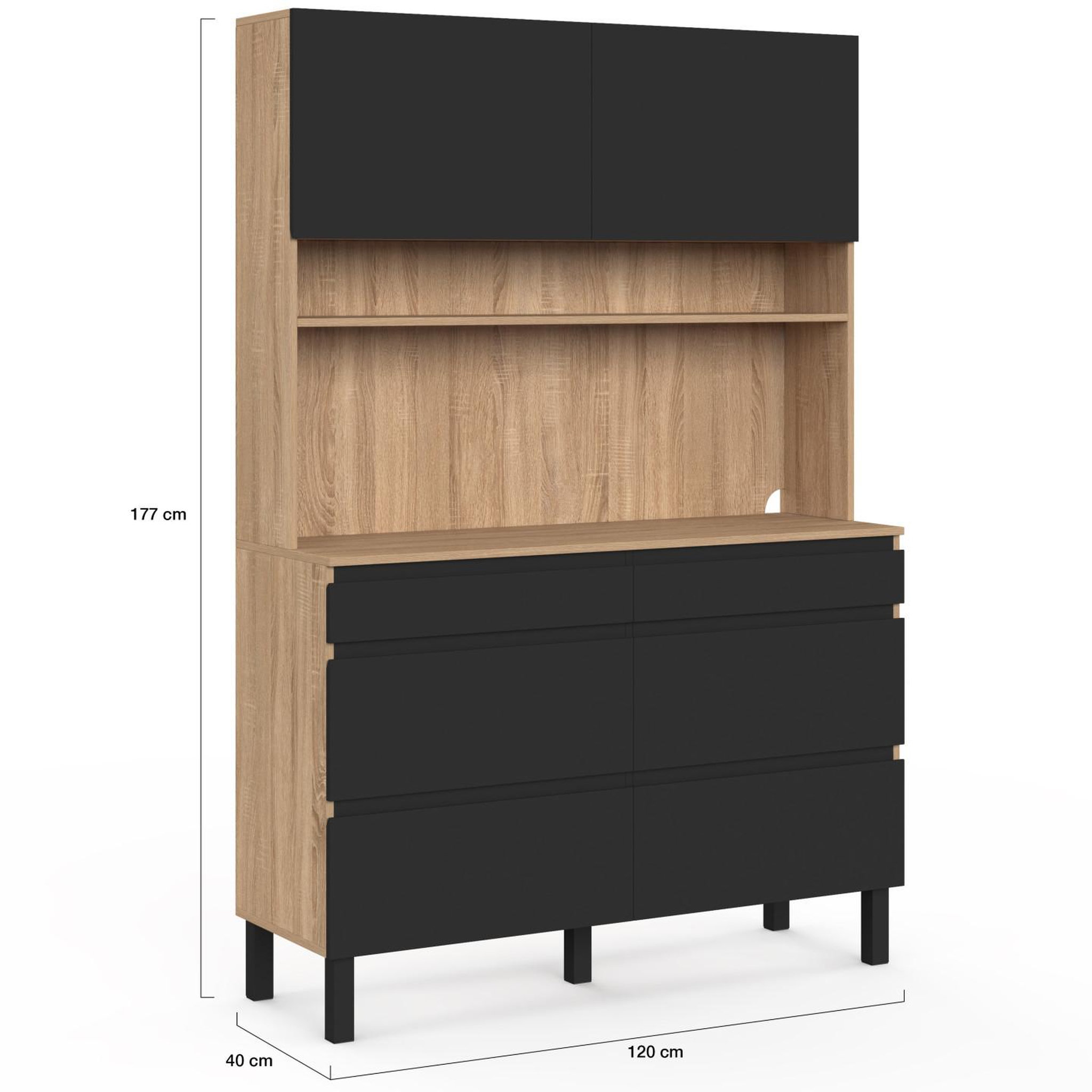 Voir la diapositive 5 : ID MARKET Buffet double casserolier de cuisine 120 cm claude 6 tiroirs + 1 placard bois et noir