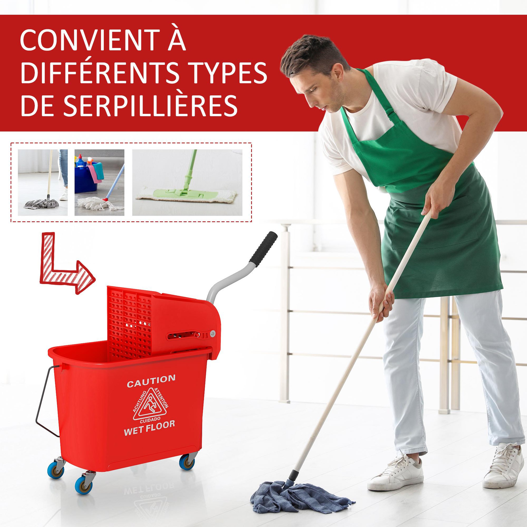 Voir la diapositive 6 : HOMCOM Chariot de nettoyage lavage seau de ménage 20 L avec essoreur et séparateur eau sale propre rouge