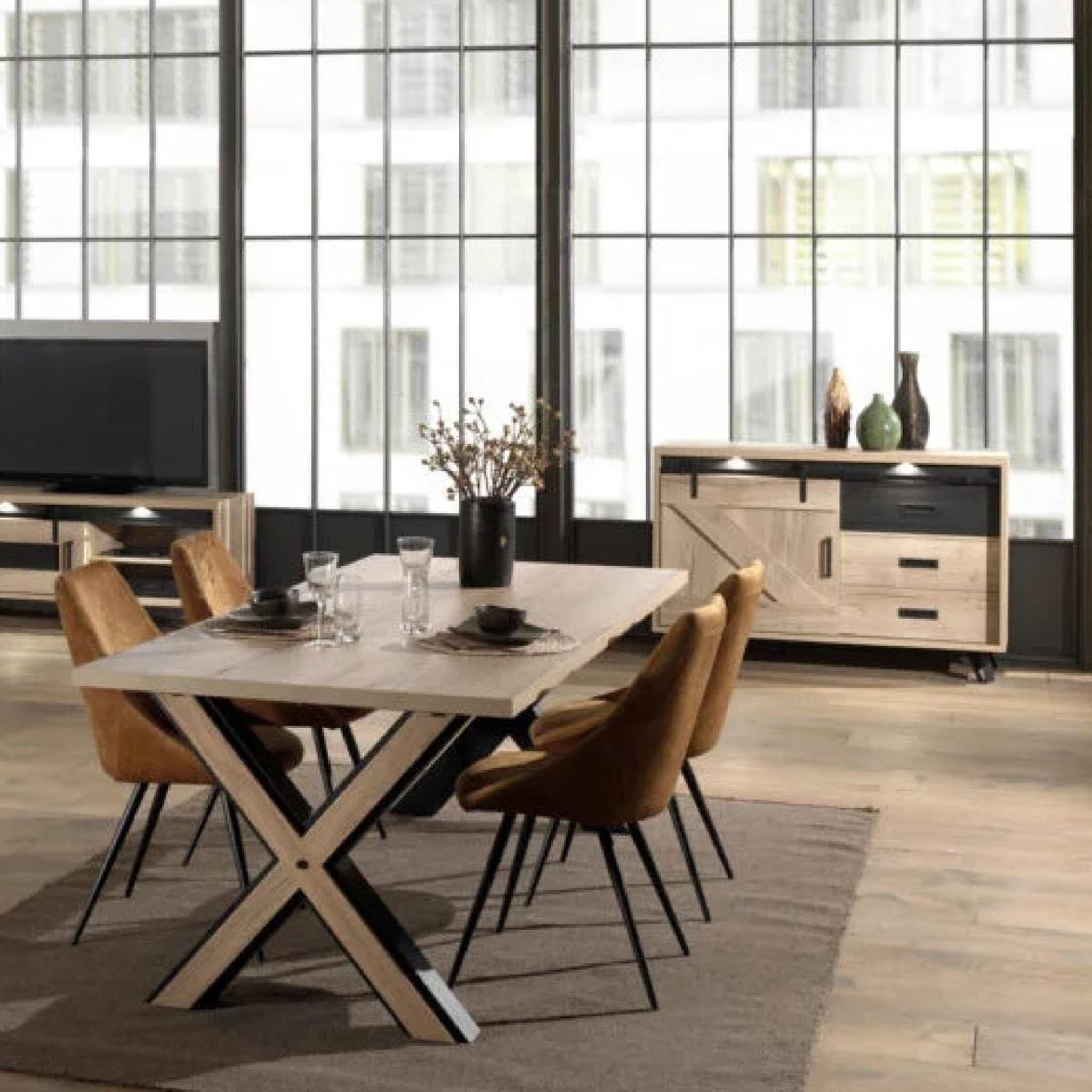 Voir la diapositive 3 : JLC KREATION Buffet industriel décor chêne clair 2 portes avec LED COSTA