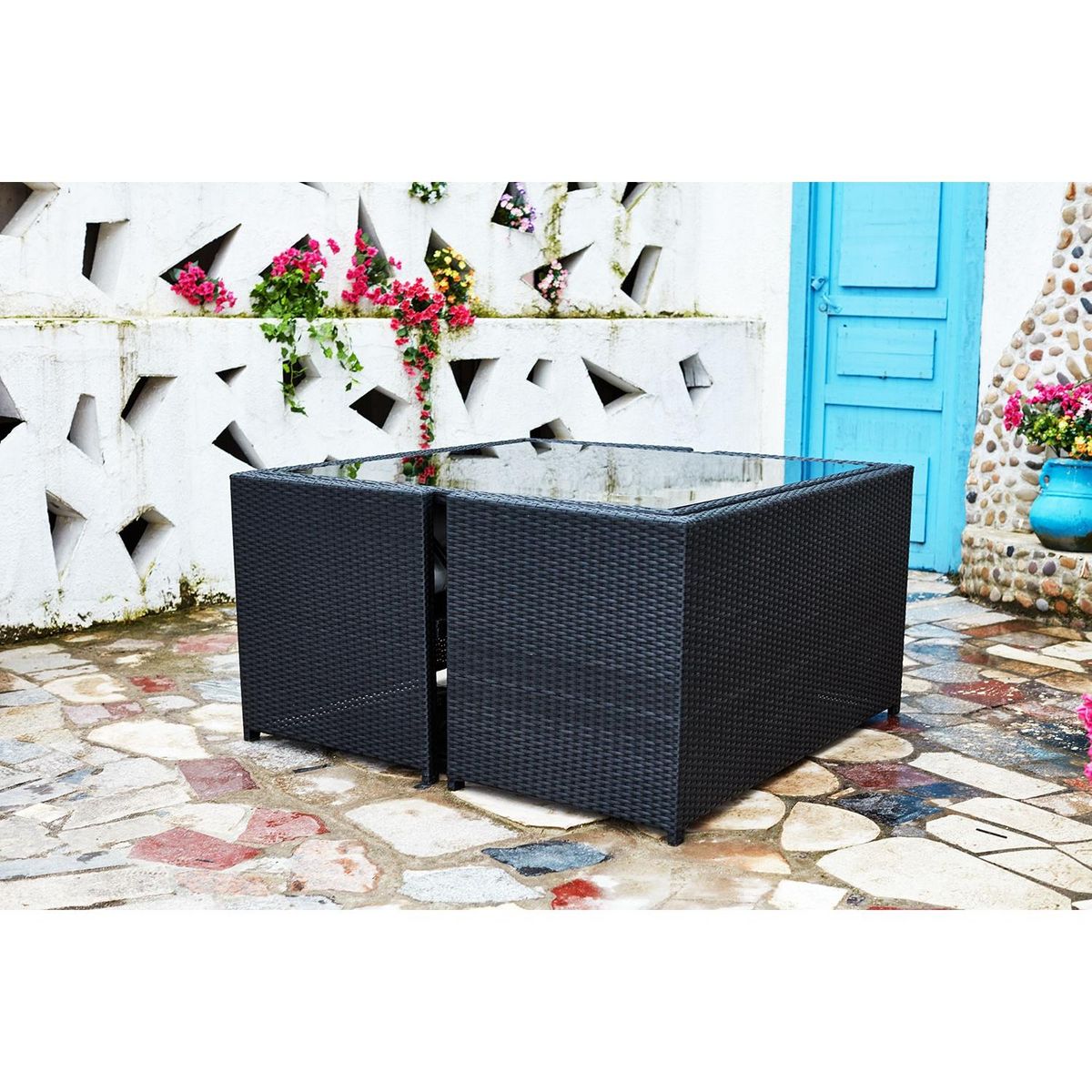 CONCEPT USINE Salon de jardin encastrable 8 places en résine noir-blanc NOUMÉA