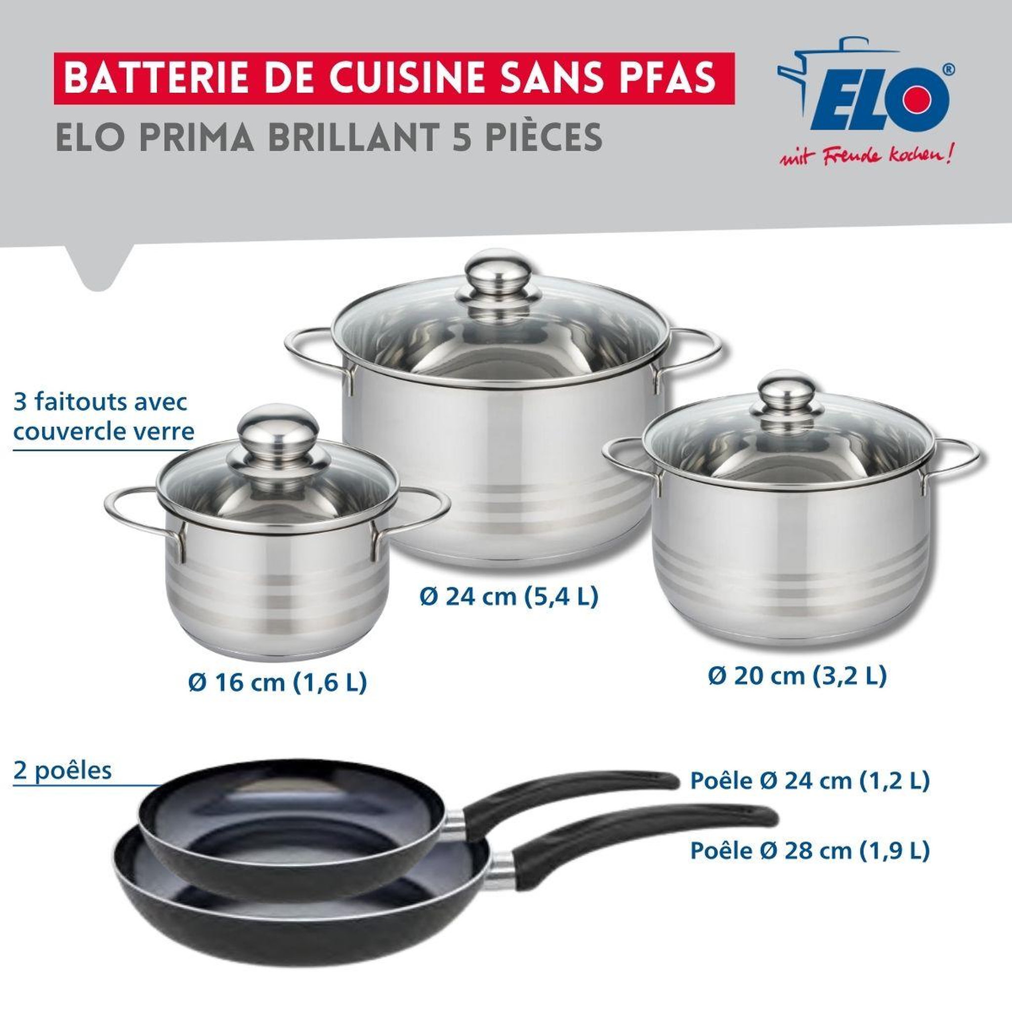 Voir la diapositive 2 : ELO Ensemble de 2 poêles de cuisson 24 et 28 cm et 3 faitouts 16, 20 et 24 cm elo prima brillant