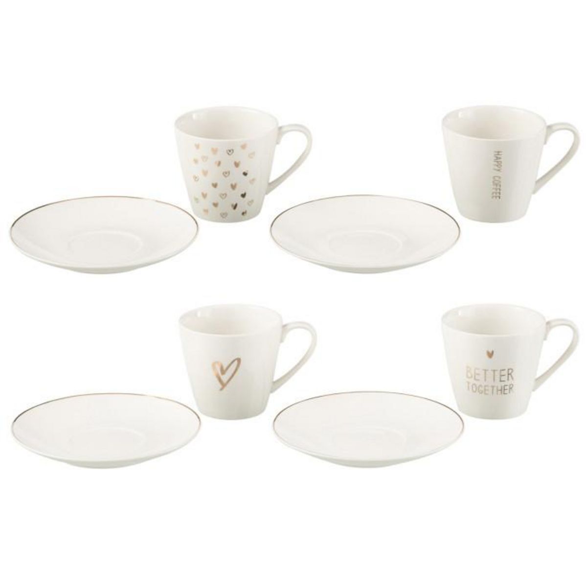 Paris Prix Lot de 4 Tasses à Thé & Sous-Tasses  Cœur  22cl Blanc