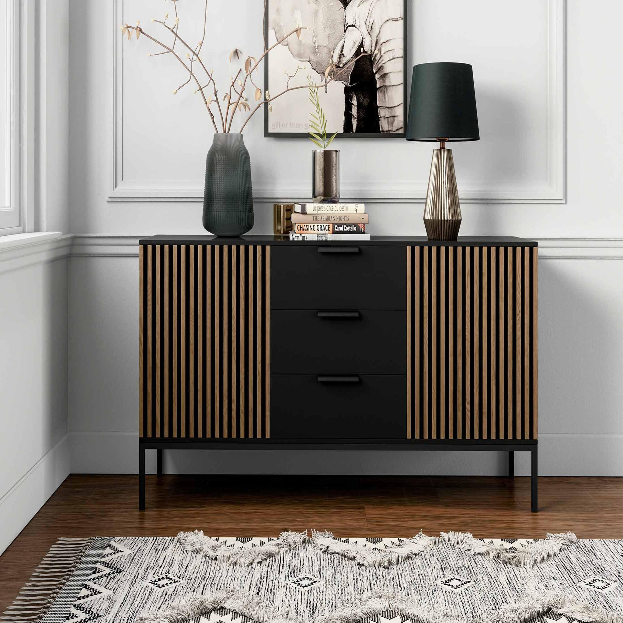BEST MOBILIER Savanna - buffet bas - effet bois et noir - 3 tiroirs et 2 portes - 150 cm. Coloris disponibles : Bicolore