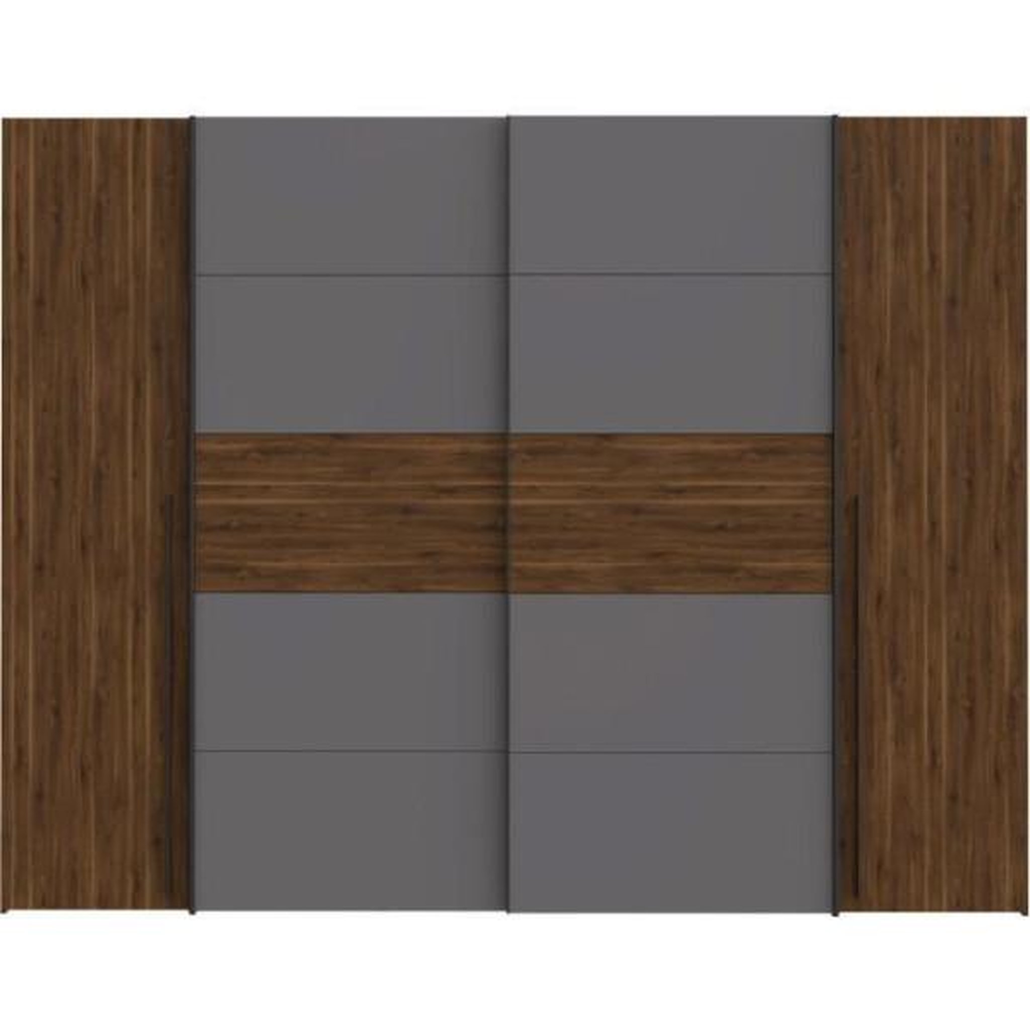 Voir la diapositive 4 : MARKET24 Armoire NARAGO - Décor Noyer Bakersfield et gris - 2 portes coulissantes + 2 portes battantes - L270 x P61 x H210 cm