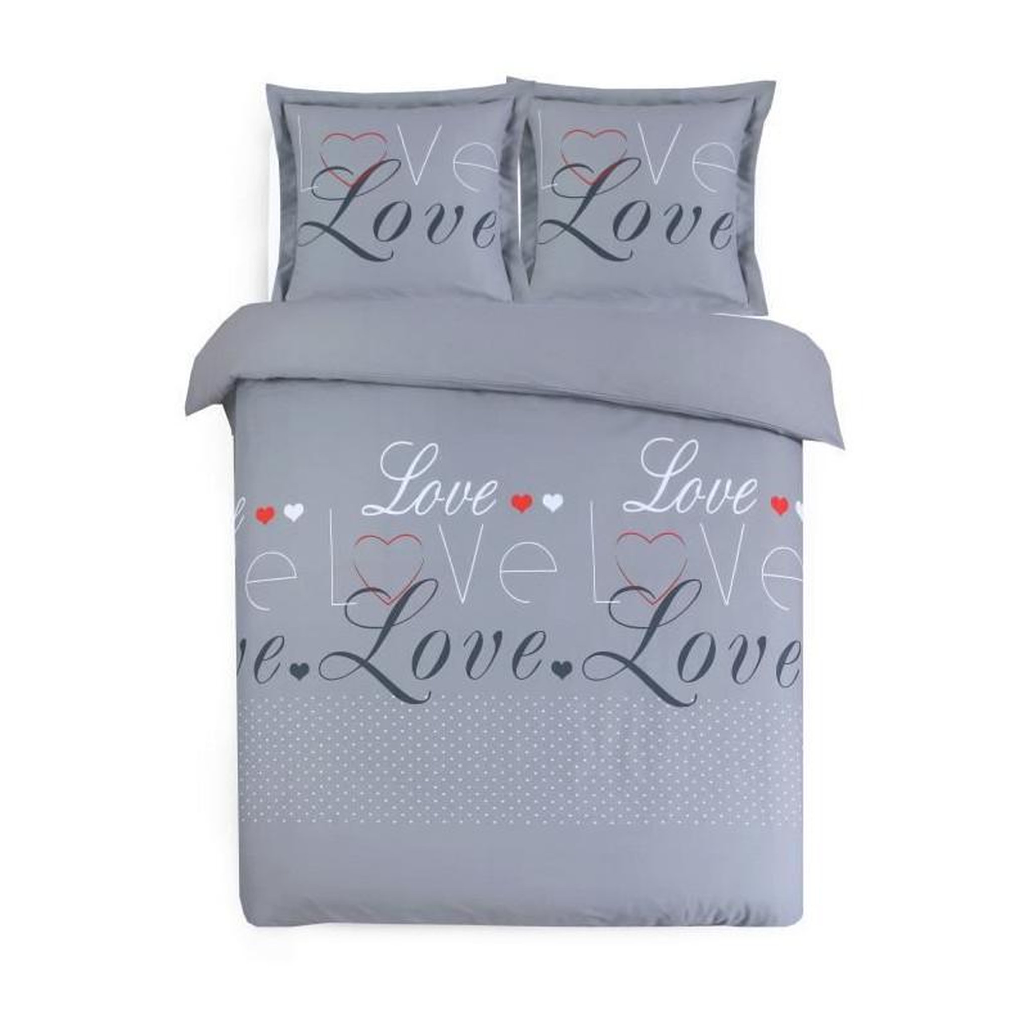 Voir la diapositive 2 : VISION VISION - Parure de lit Love - 100% coton - 1 housse de couette 200 x 200 cm + 2 taies d'oreiller 65 x 65 cm - Gris