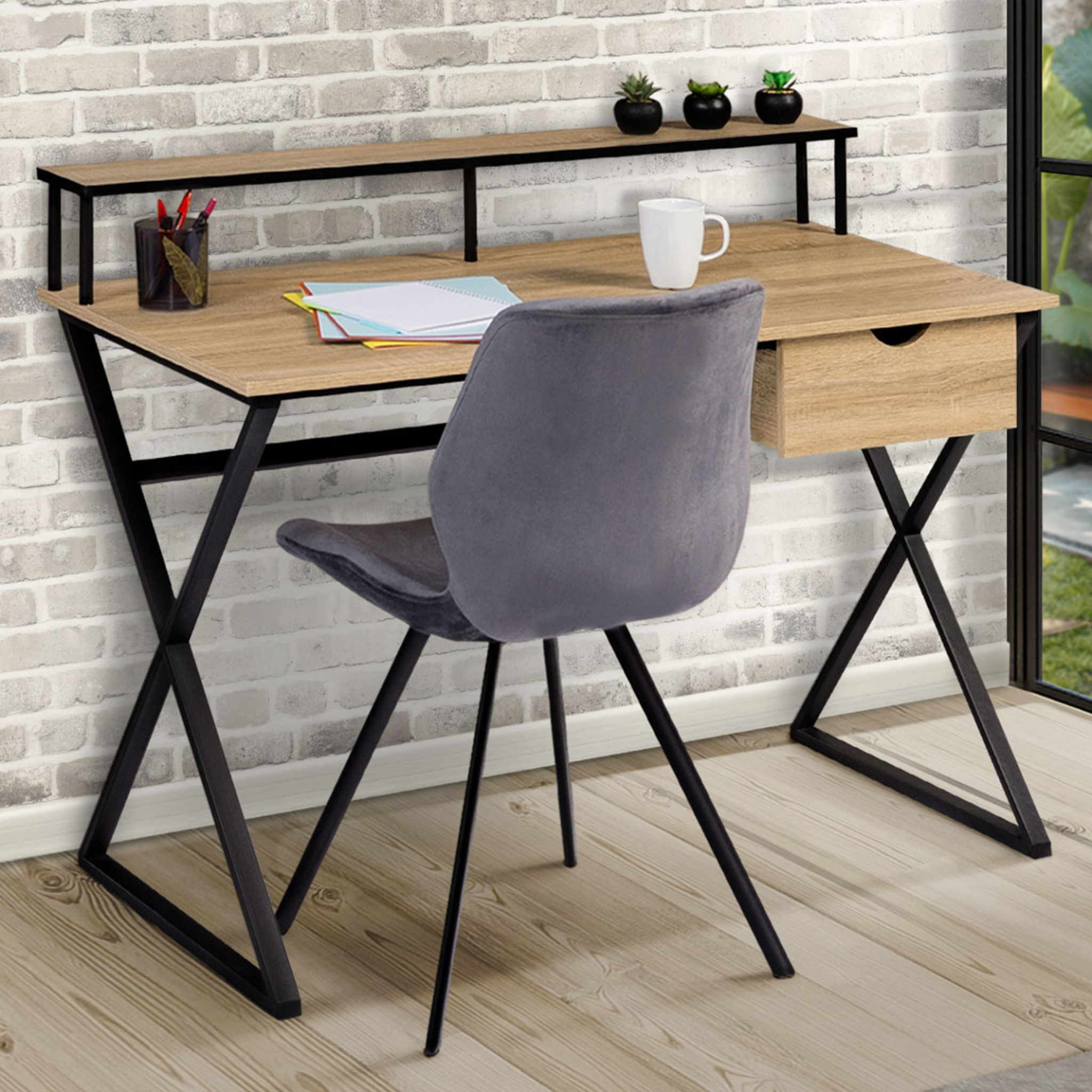 Voir la diapositive 2 : ID MARKET Bureau 1 tiroir enzo pieds croisés design industriel