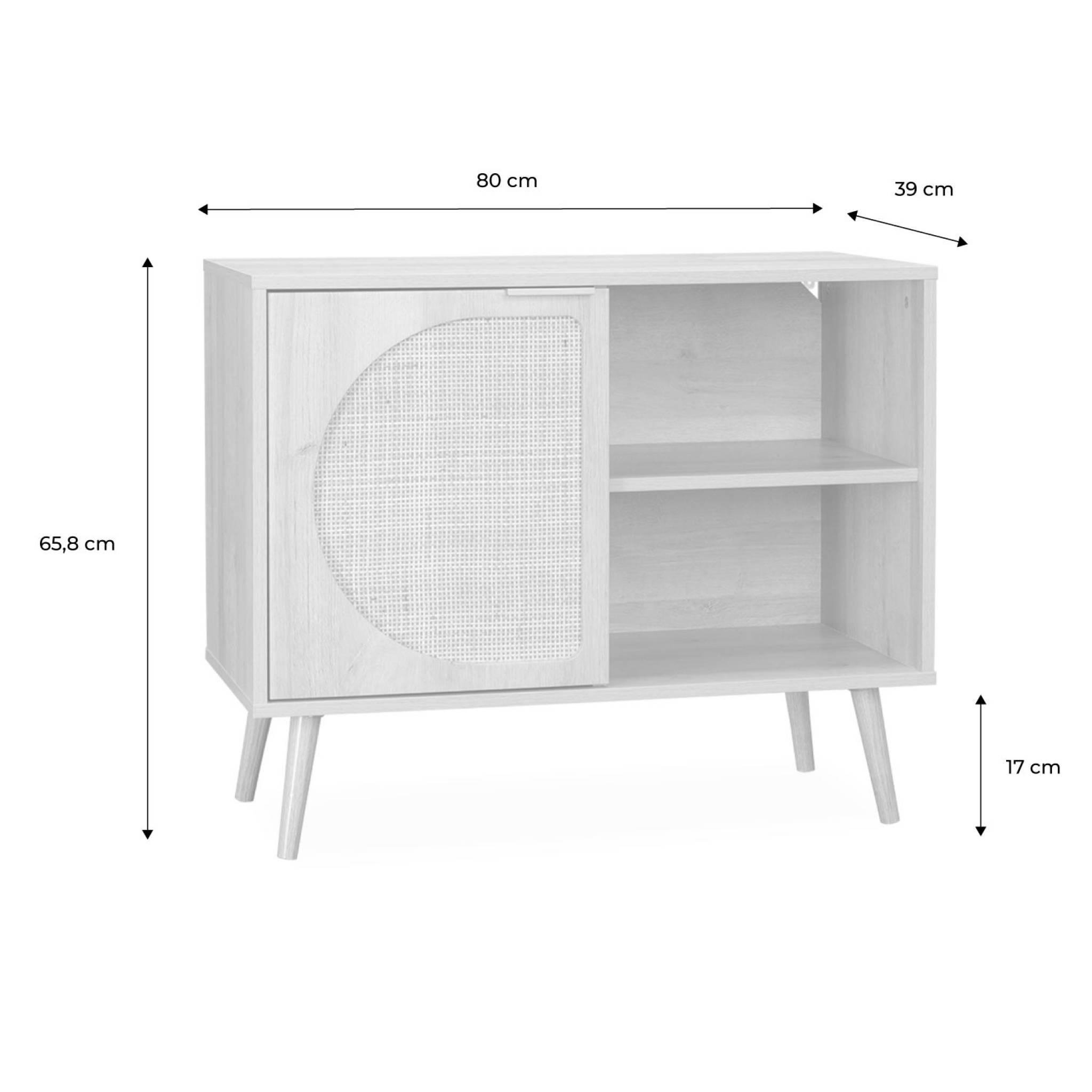 Voir la diapositive 4 : SWEEEK Buffet de rangement décor bois cannage arrondis. Eva. 1 portes réversible. deux niveaux. buffet bas.  L80 x l39 x H65.8cm