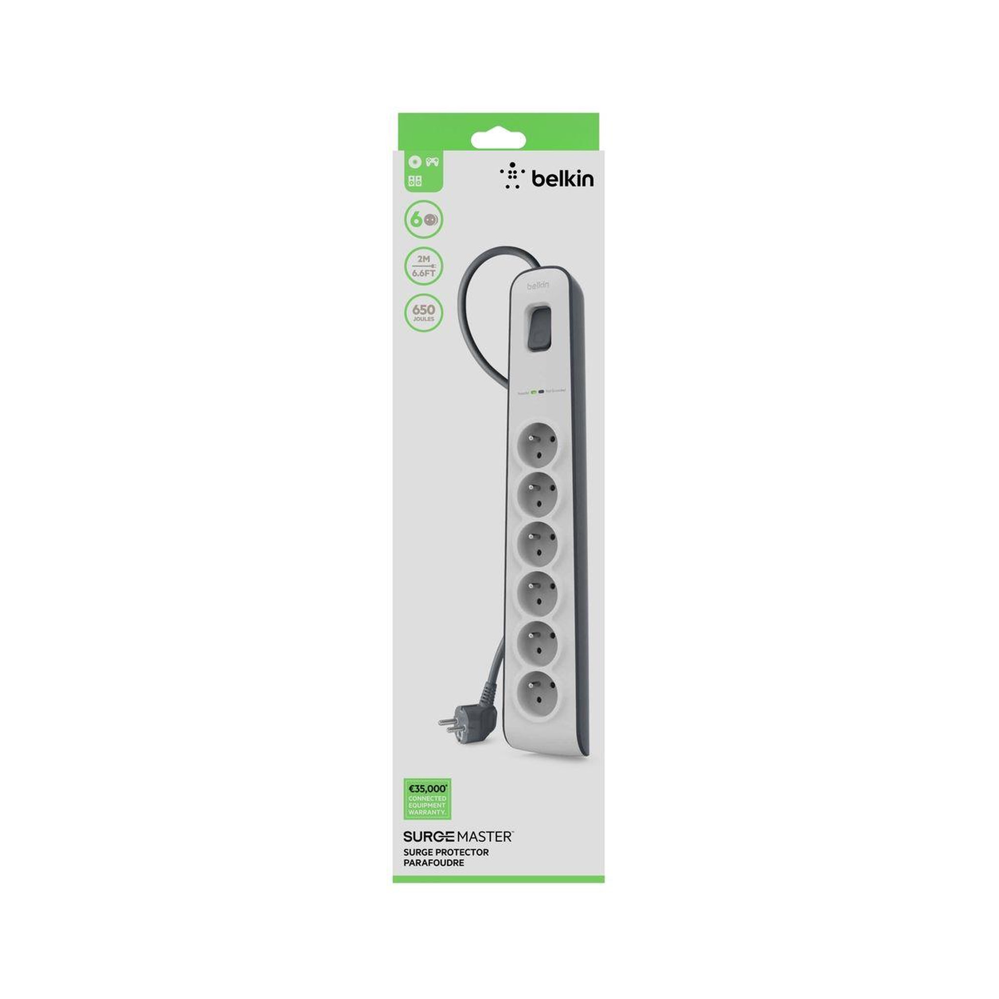Voir la diapositive 2 : Belkin Parafoudre 6 prises parafoudres + cable 2m