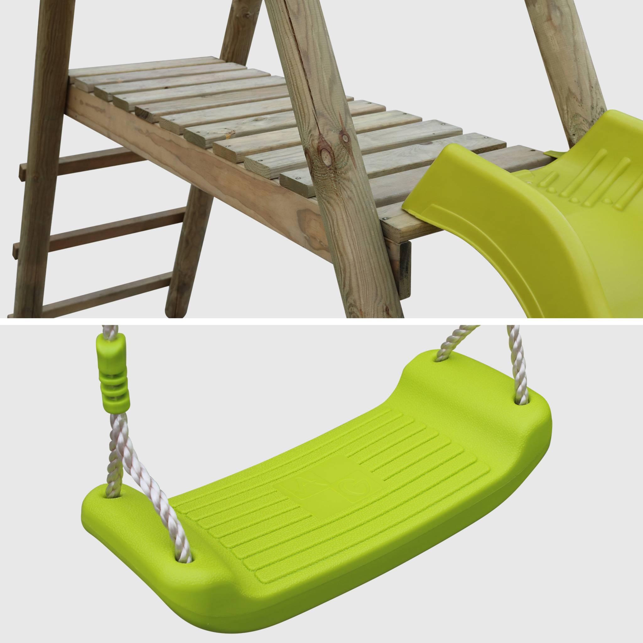 Voir la diapositive 3 : SWEEEK Aire de jeux MARIN en bois avec toboggan. 1 face à face. 2 balançoires. pin autoclave