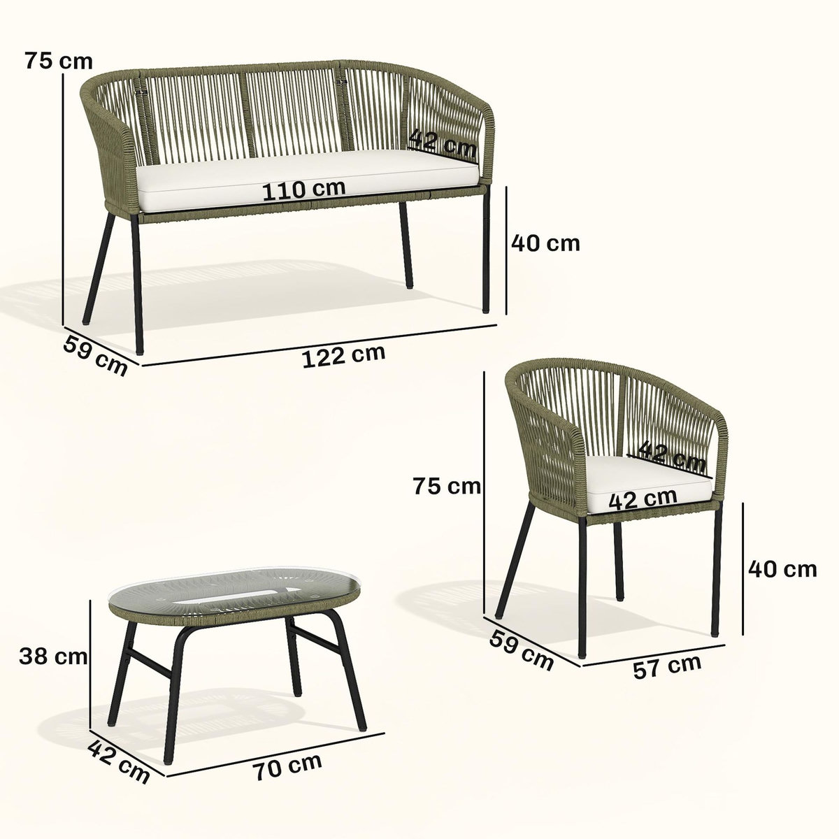 OUTSUNNY Salon de jardin design lignes arrondies 4 places 4 pièces