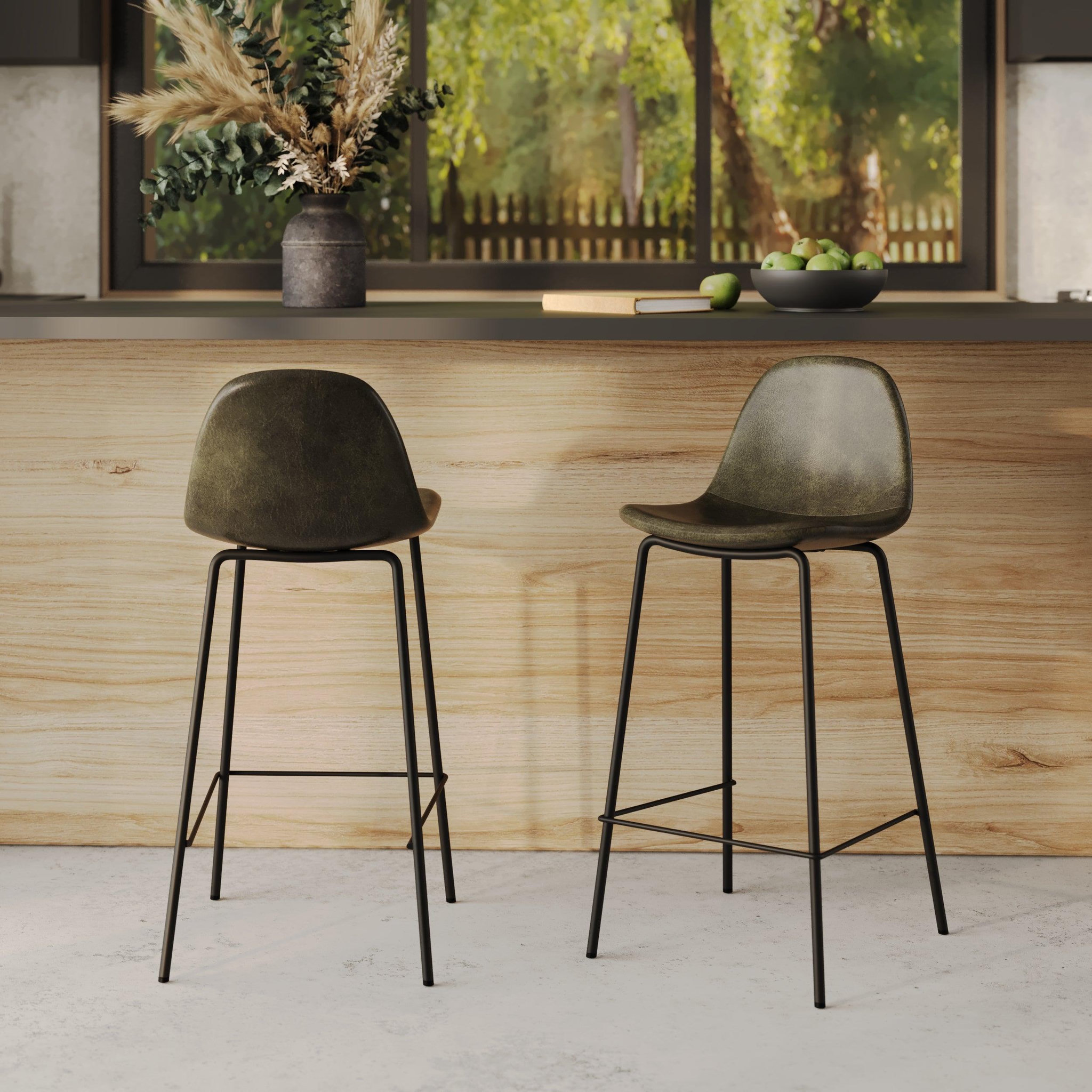 Voir la diapositive 2 : MAISON PAVANE Lot de 2 chaises pour îlot central 65 cm en cuir synthétique kaki-henrik